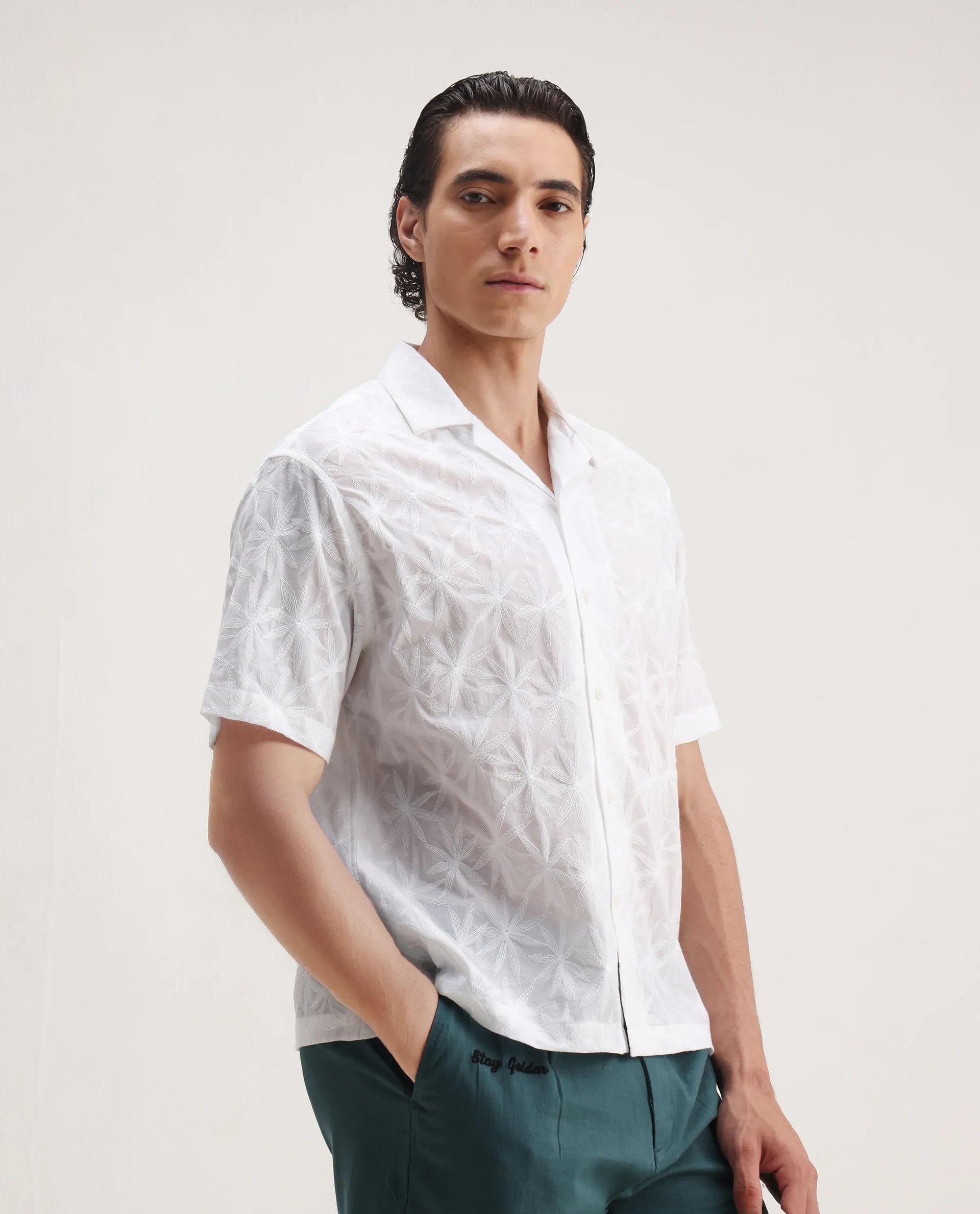 Rare Rabbit Men's Halo White Cotton Embroidered Boxy Fit Half Sleeve Cuban Collar Shirt