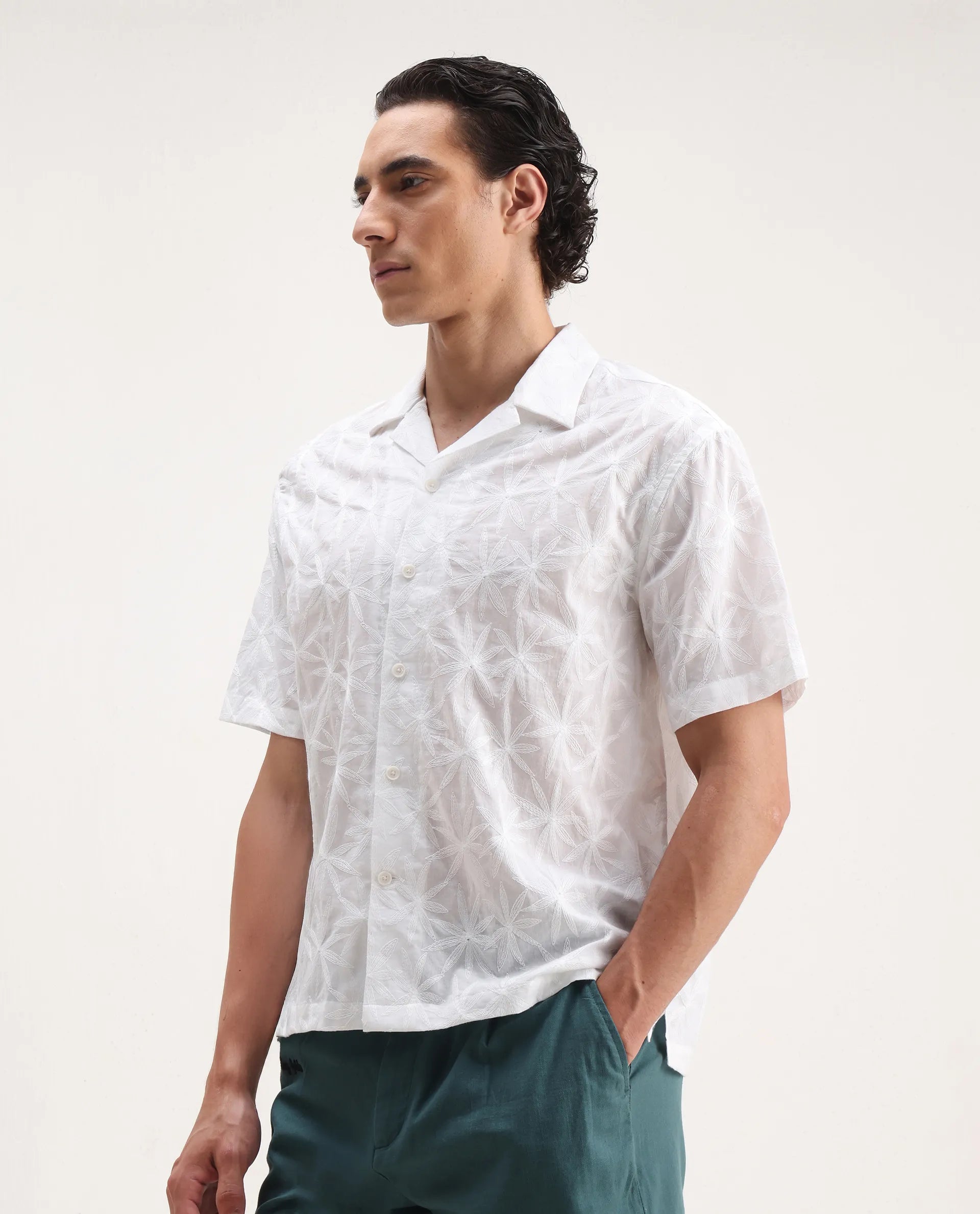 Rare Rabbit Men's Halo White Cotton Embroidered Boxy Fit Half Sleeve Cuban Collar Shirt