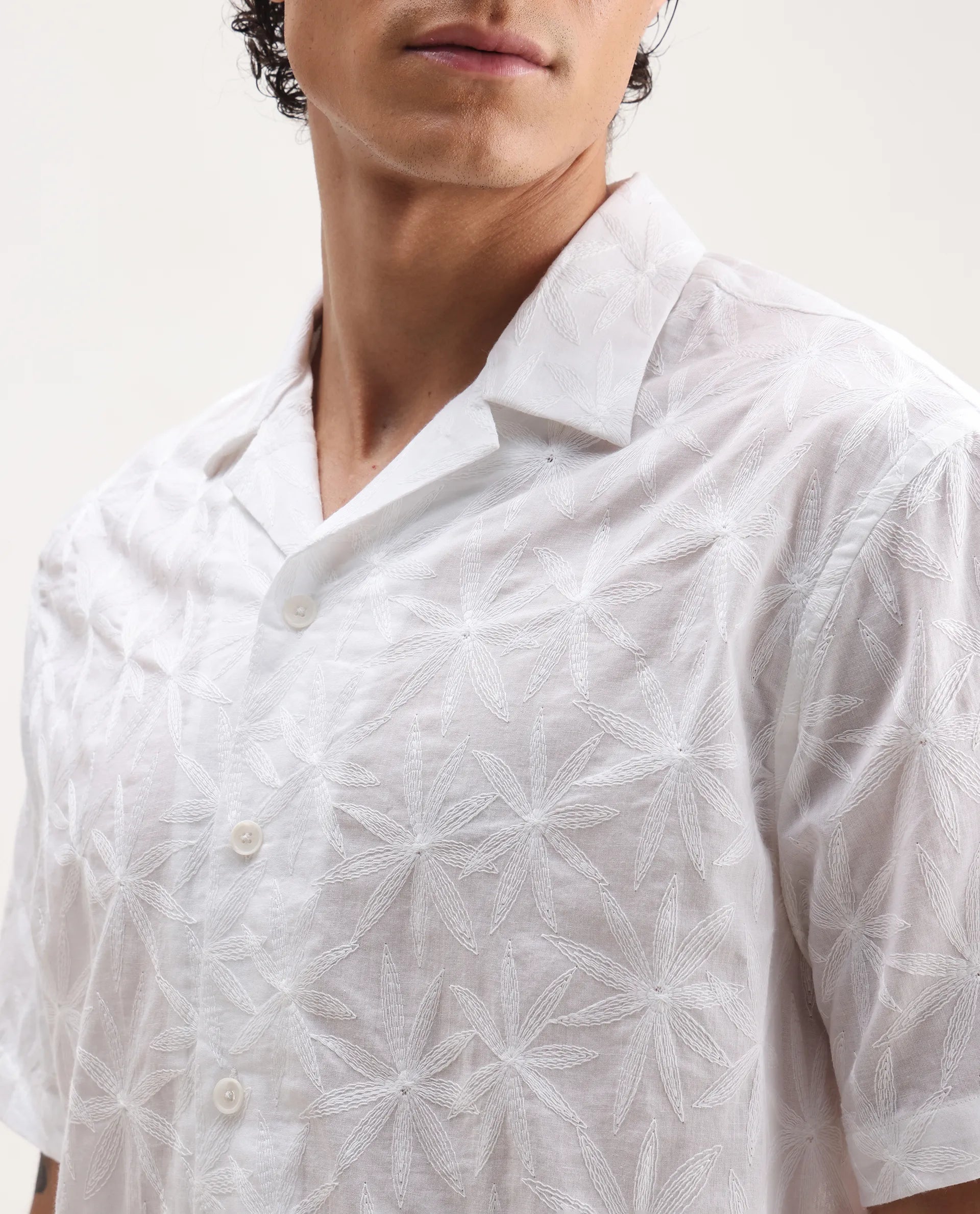 Rare Rabbit Men's Halo White Cotton Embroidered Boxy Fit Half Sleeve Cuban Collar Shirt
