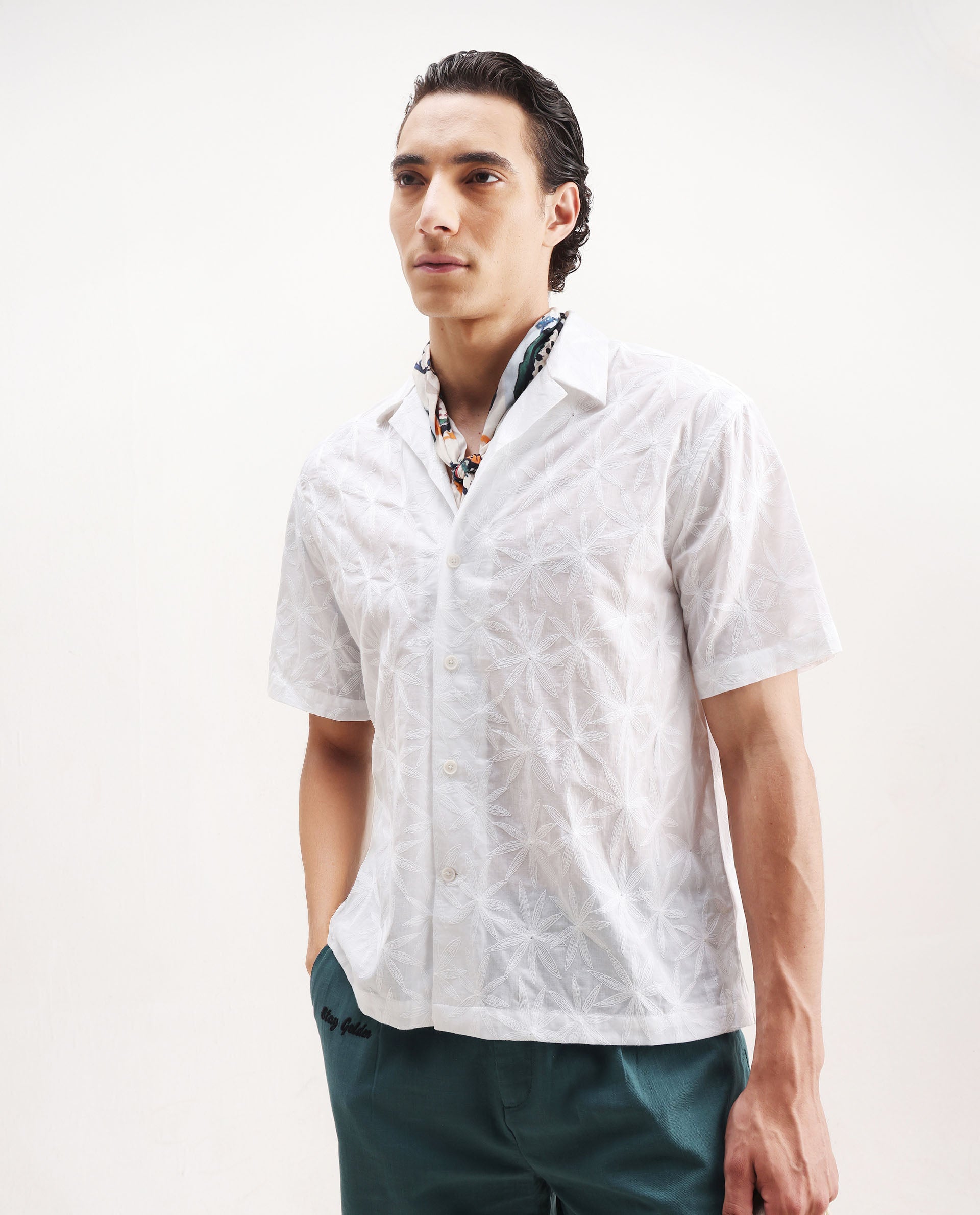 Rare Rabbit Men's Halo White Cotton Embroidered Boxy Fit Half Sleeve Cuban Collar Shirt