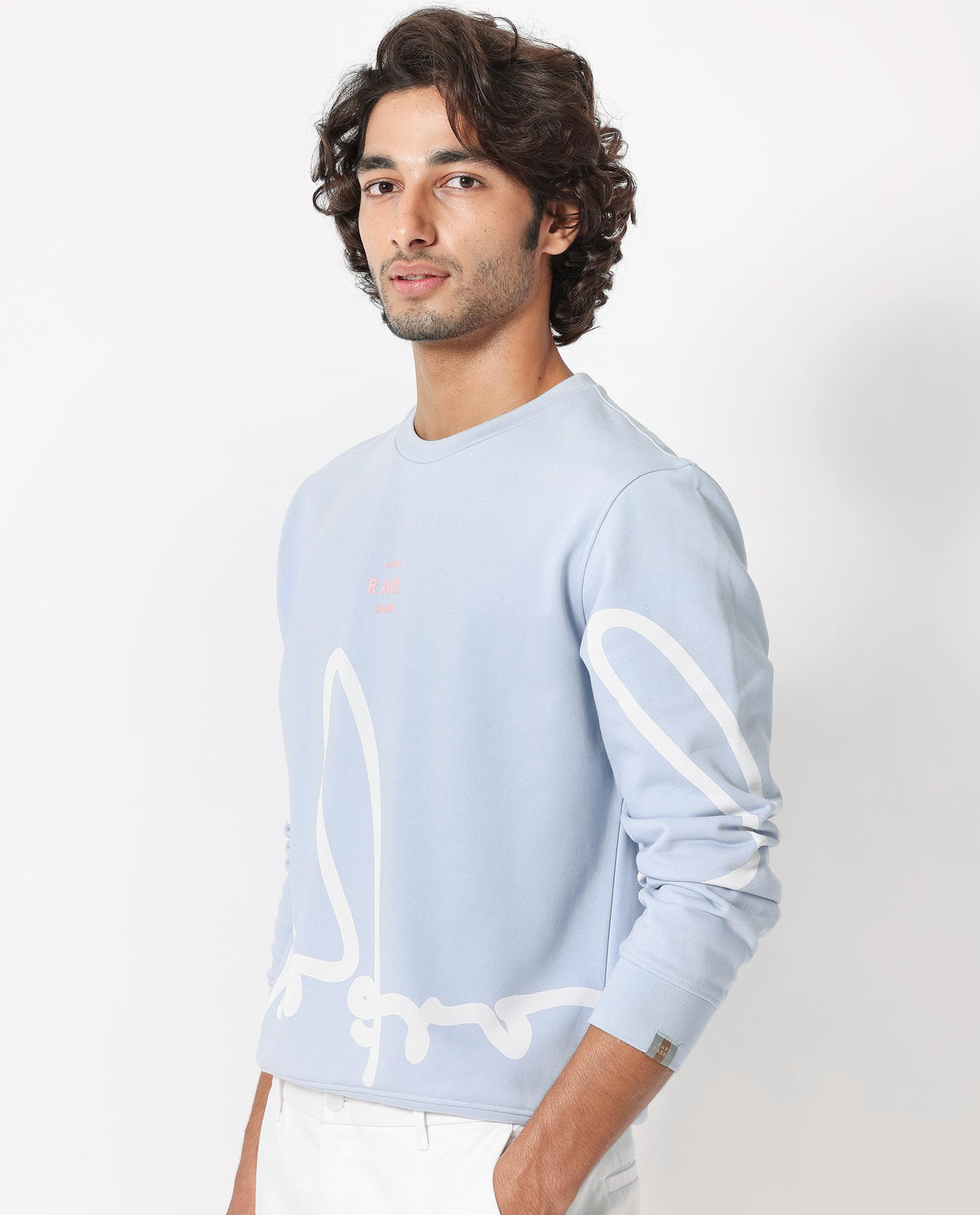 Rare Rabbit Mens Halsey Light Blue Cotton Polyester Terry Fabric Round Neck Knitted Full Sleeves Comfortable Fit Sweatshirt