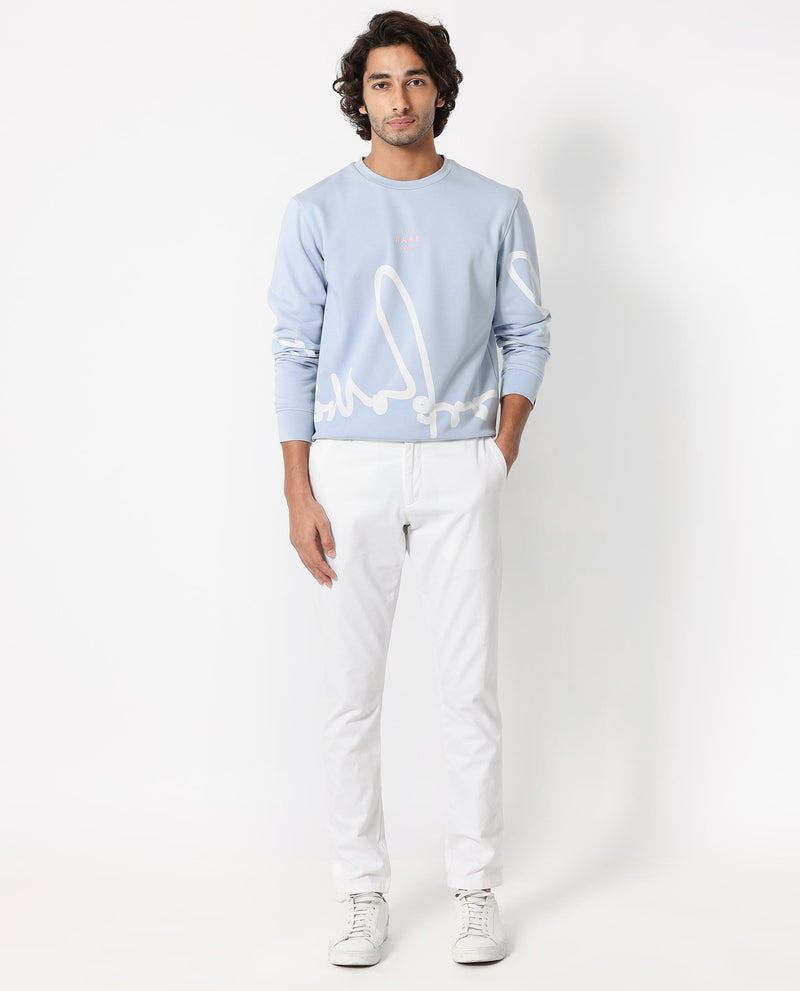 RARE RABBIT MENS HALSEY LIGHT BLUE SWEATSHIRT COTTON POLYESTER TERRY FABRIC ROUND NECK KNITTED FULL SLEEVES COMFORTABLE FIT