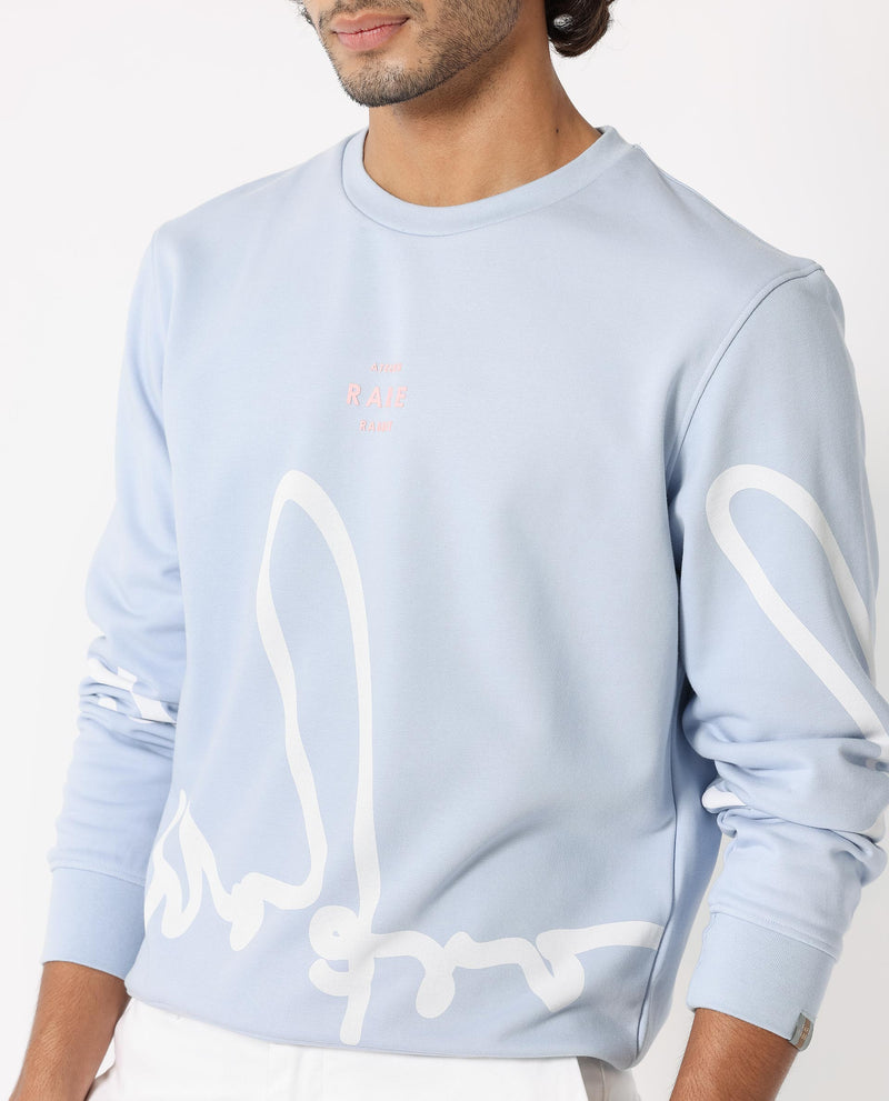 RARE RABBIT MENS HALSEY LIGHT BLUE SWEATSHIRT COTTON POLYESTER TERRY FABRIC ROUND NECK KNITTED FULL SLEEVES COMFORTABLE FIT