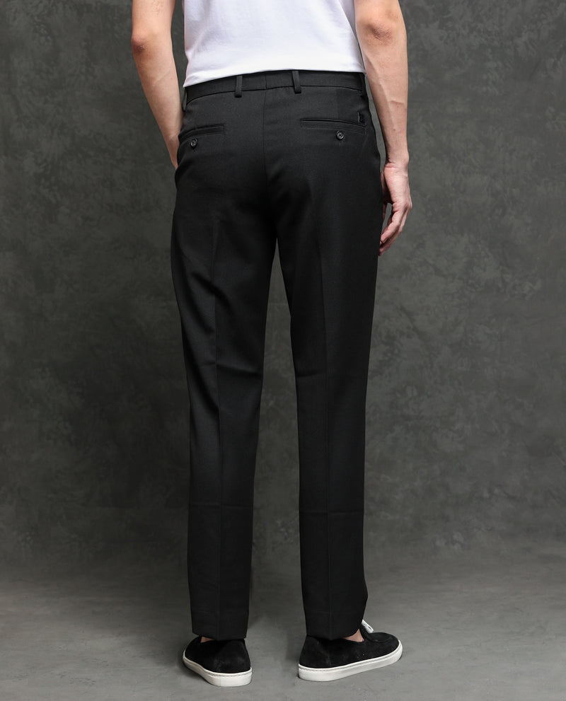 Rare Rabbit Men's Hamlet Black Solid Mid-Rise Regular Fit Premium Trouser