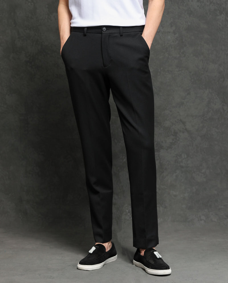 Rare Rabbit Men's Hamlet Black Solid Mid-Rise Regular Fit Premium Trouser