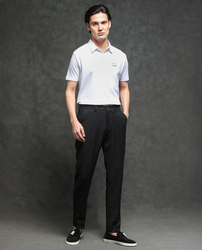 RARE RABBIT MENS HAMLET BLACK TROUSER POLYESTER VISCOSE FABRIC MID RISE WOVEN BUTTON AND ZIP CLOSURE CLEAN DISTRESS REGULAR FIT
