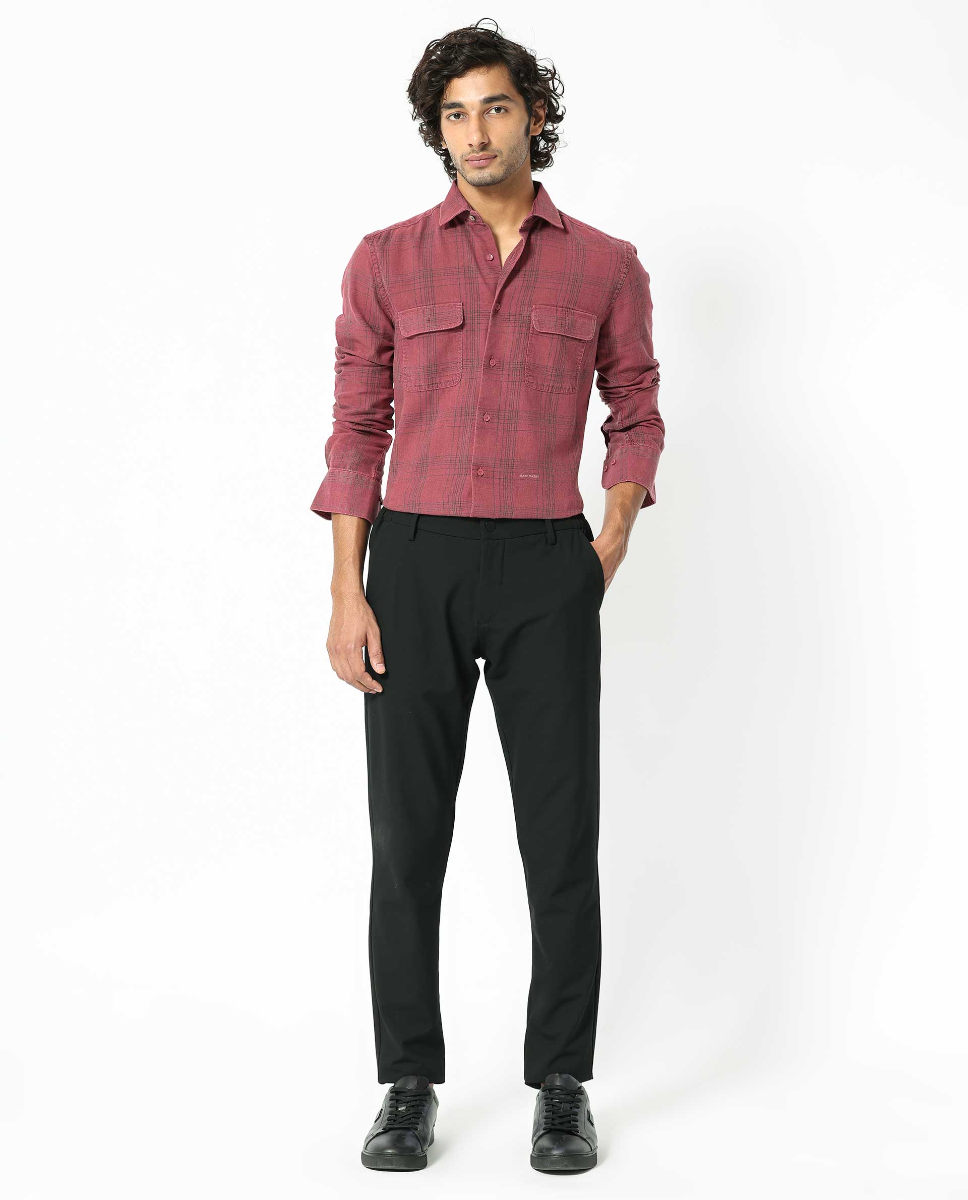 Rare Rabbit Men's Hammel Dark Pink Cotton Fabric Full Sleeves Checks Shirt