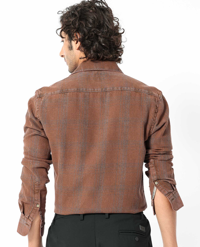 Rare Rabbit Men's Hammel Rust Cotton Fabric Full Sleeves Checks Shirt