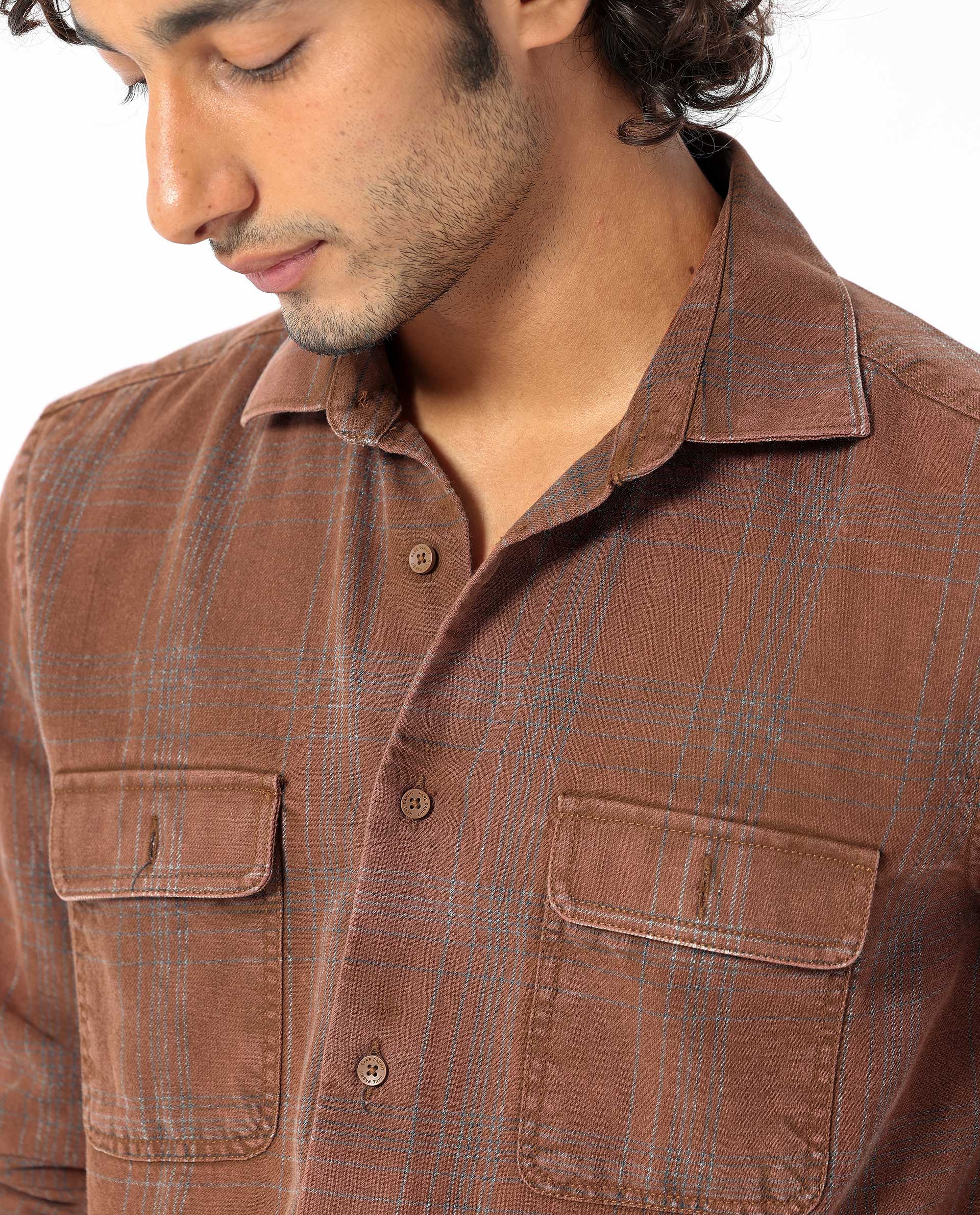 Rare Rabbit Men's Hammel Rust Cotton Fabric Full Sleeves Checks Shirt