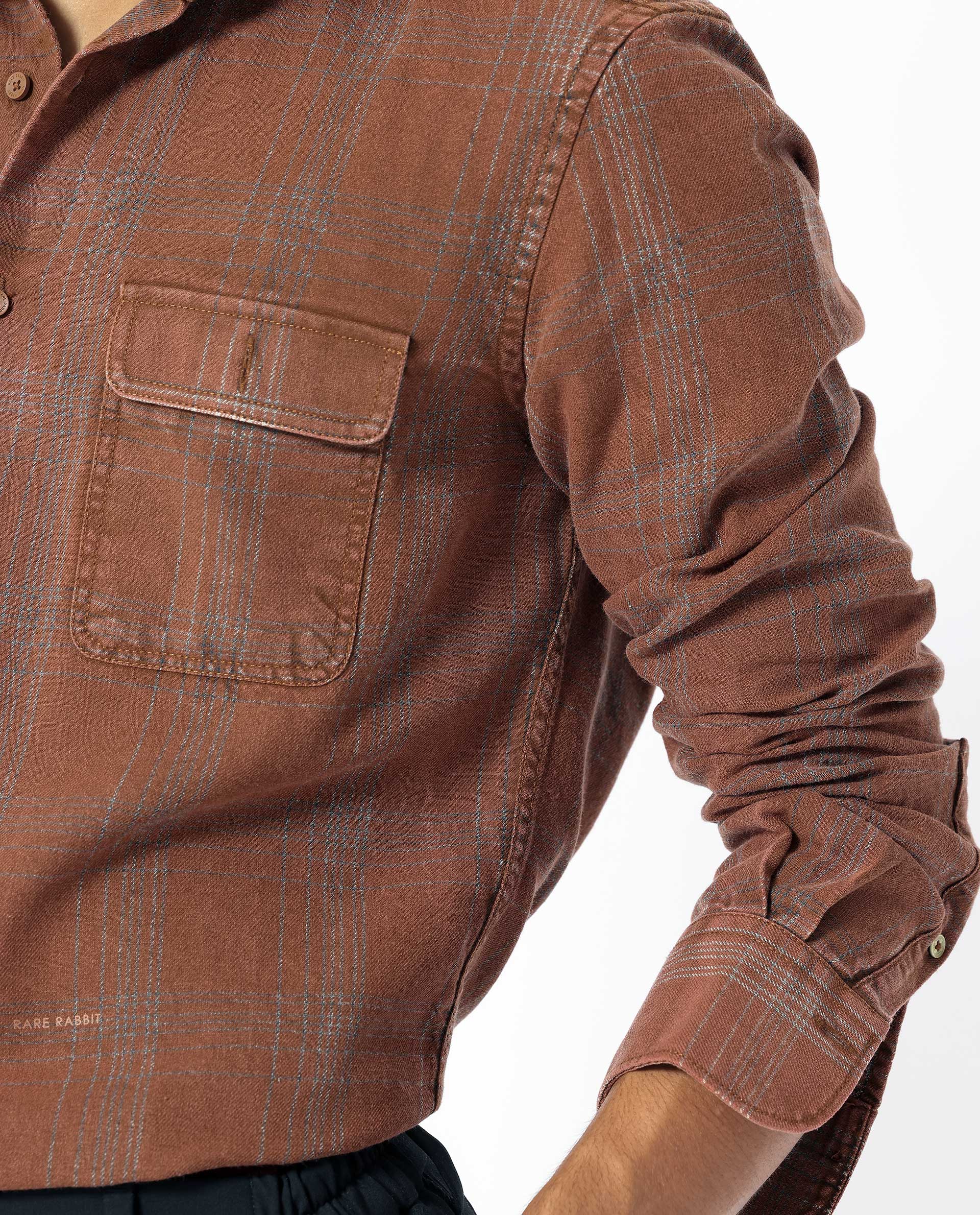 Rare Rabbit Men's Hammel Rust Cotton Fabric Full Sleeves Checks Shirt
