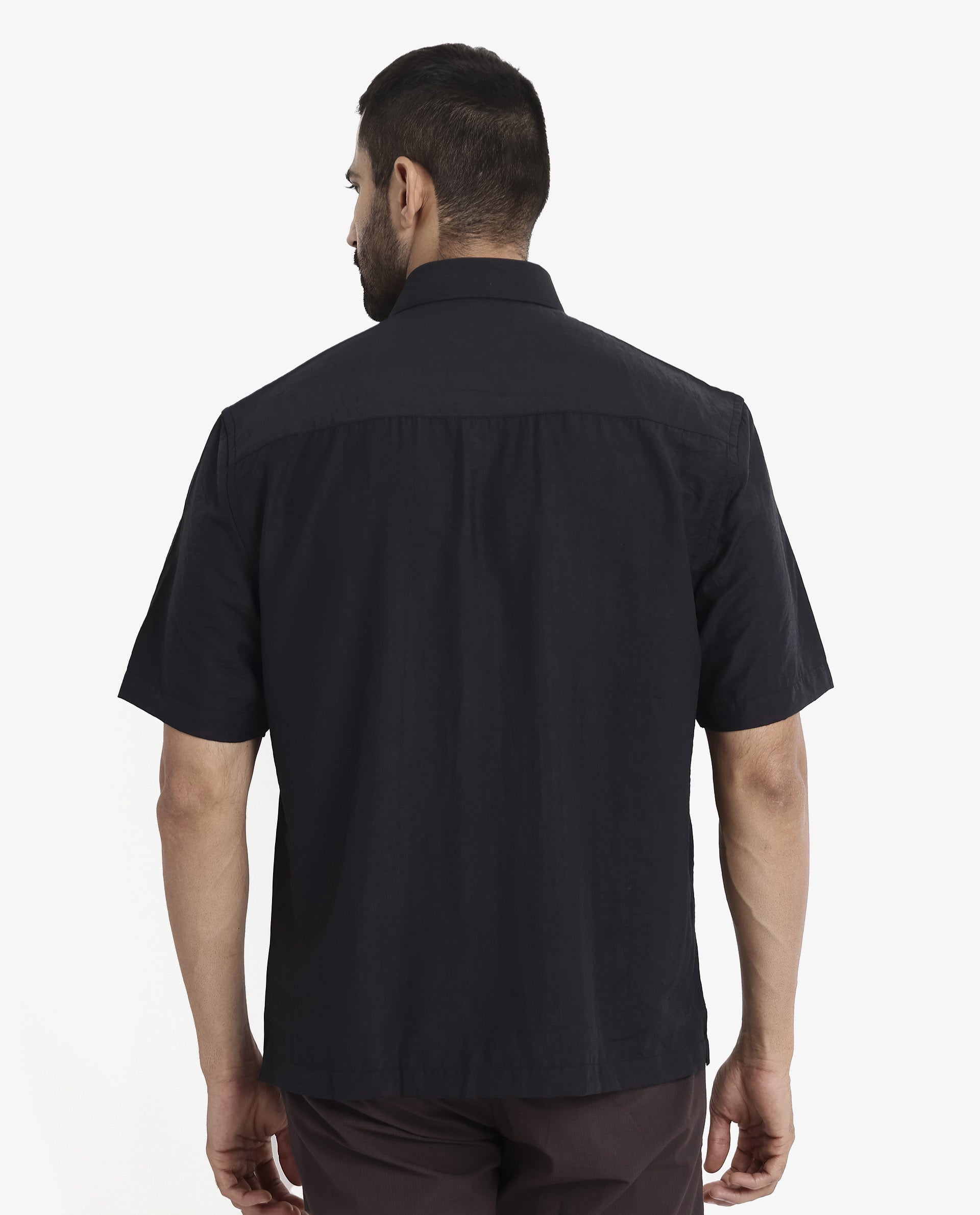 Rare Rabbit Men Blois Black Viscose Nylon Fabric Short Sleeve Slim Fit Plain Shirt