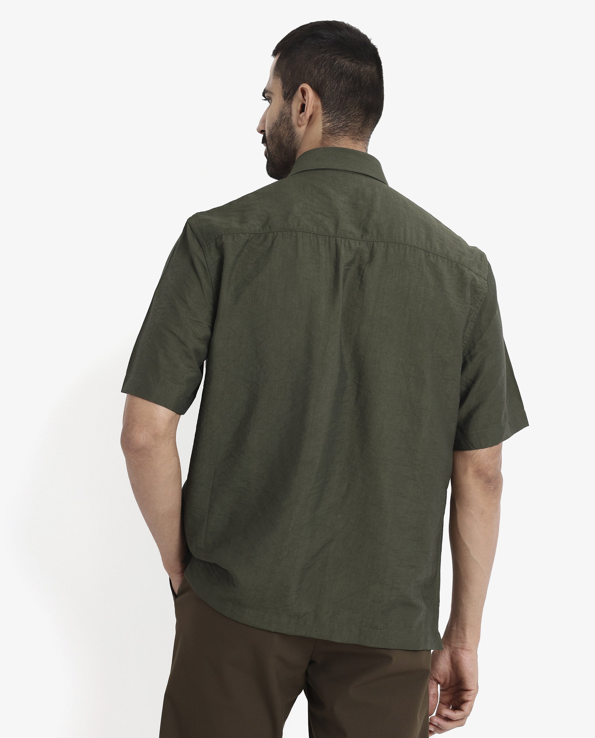 Rare Rabbit Men Blois Dark Green Viscose Nylon Fabric Short Sleeve Slim Fit Plain Shirt