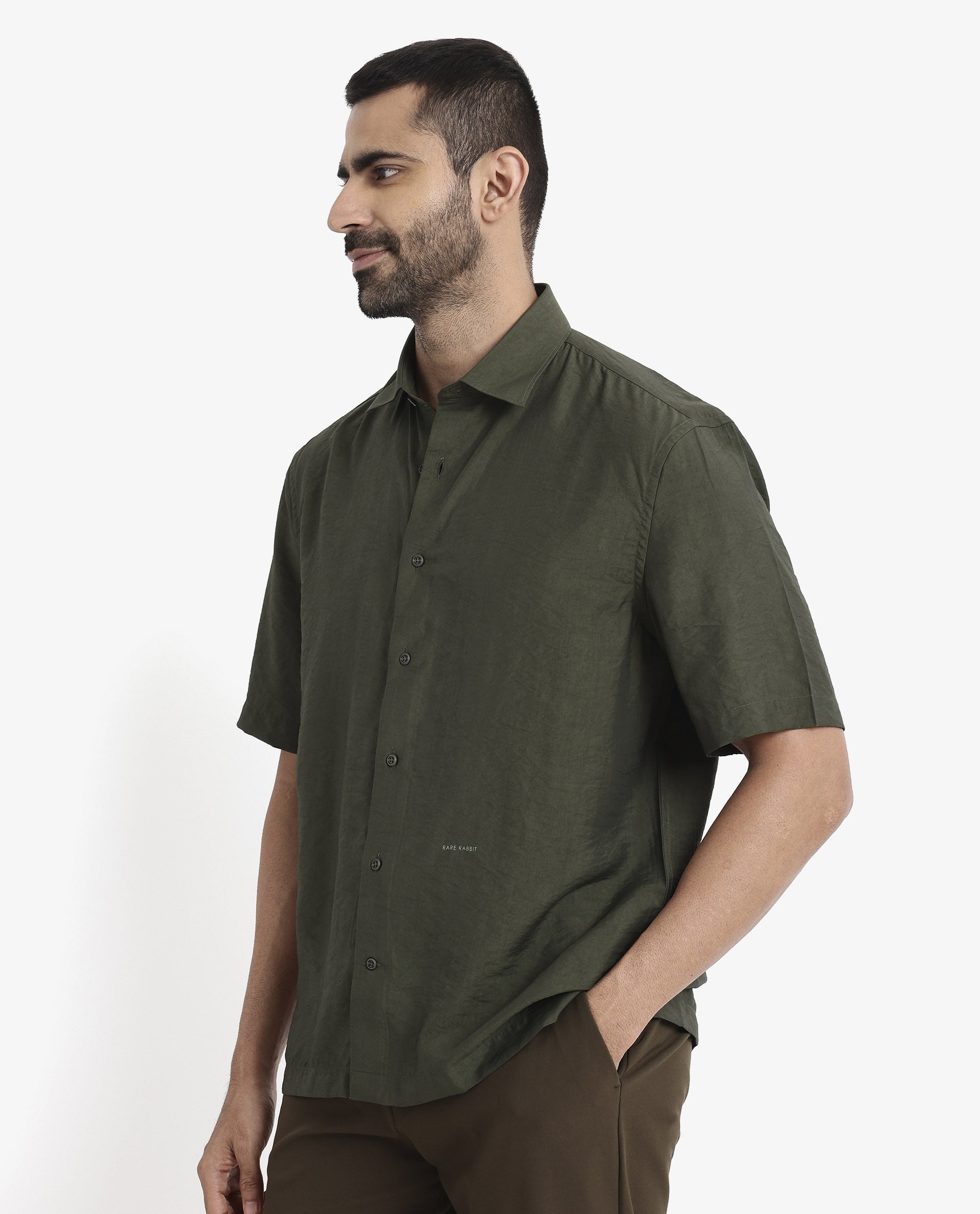 Rare Rabbit Men Blois Dark Green Viscose Nylon Fabric Short Sleeve Slim Fit Plain Shirt