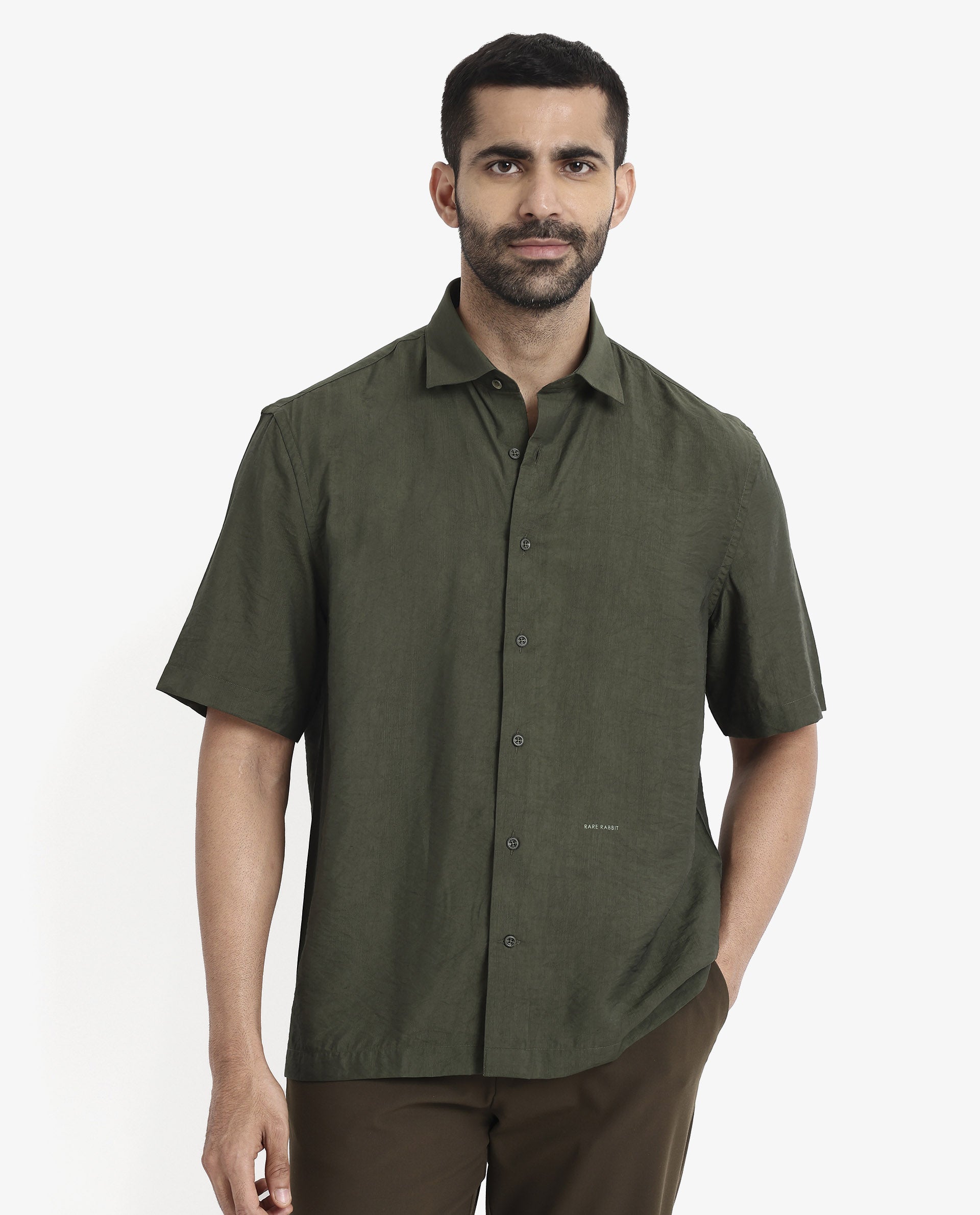Rare Rabbit Men Blois Dark Green Viscose Nylon Fabric Short Sleeve Slim Fit Plain Shirt