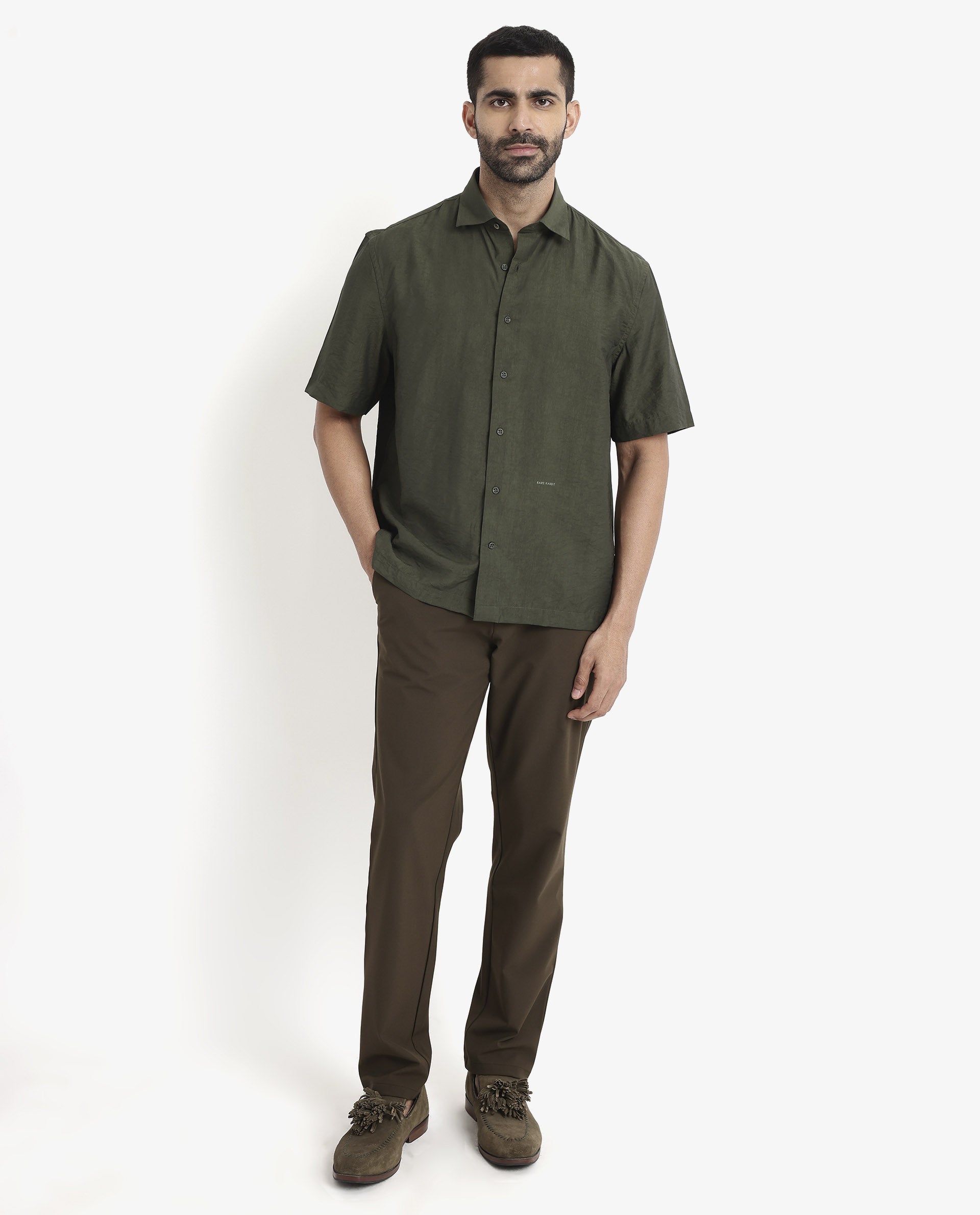 Rare Rabbit Men Blois Dark Green Viscose Nylon Fabric Short Sleeve Slim Fit Plain Shirt