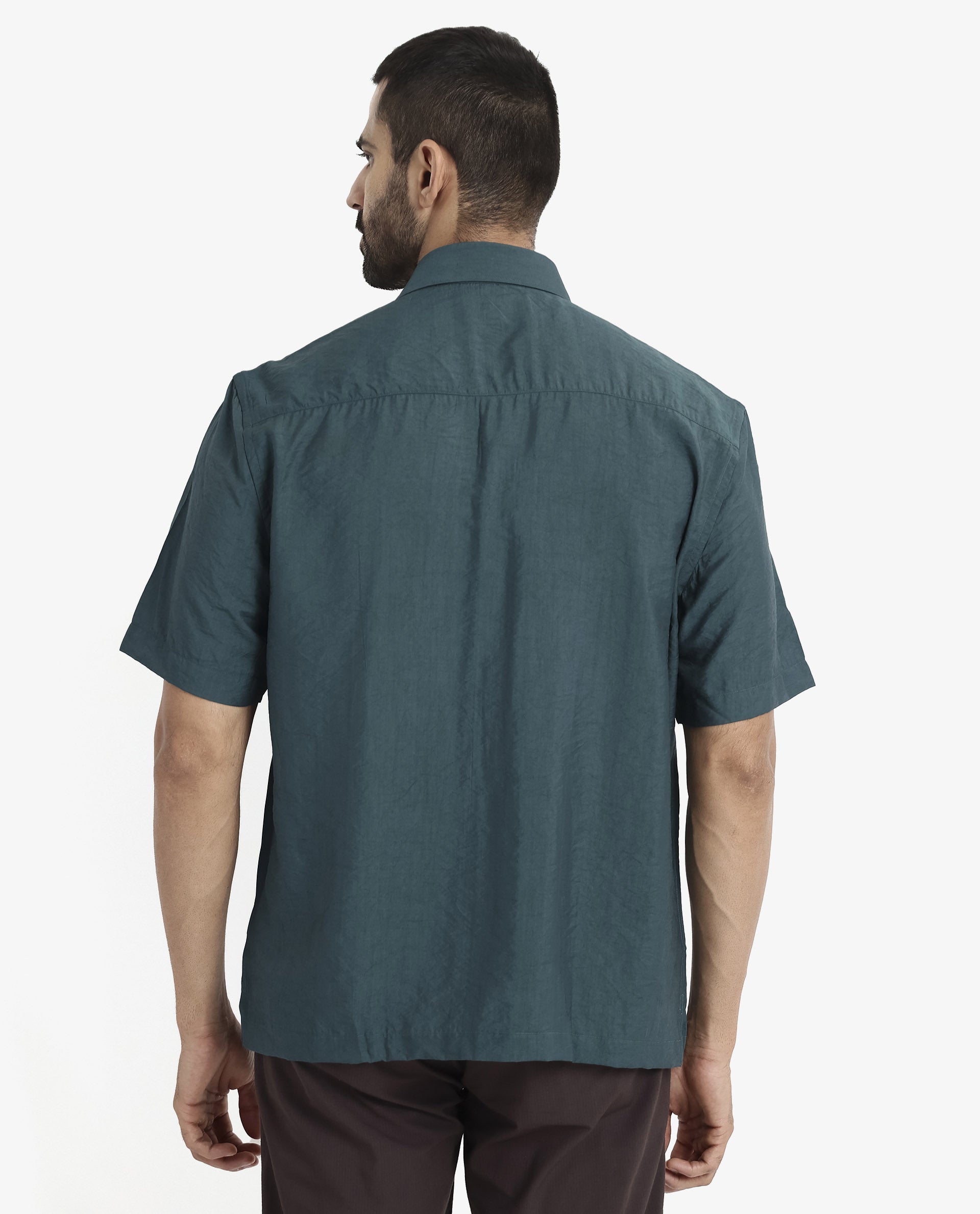 Rare Rabbit Men Blois Dark Teal Viscose Nylon Fabric Short Sleeve Slim Fit Plain Shirt