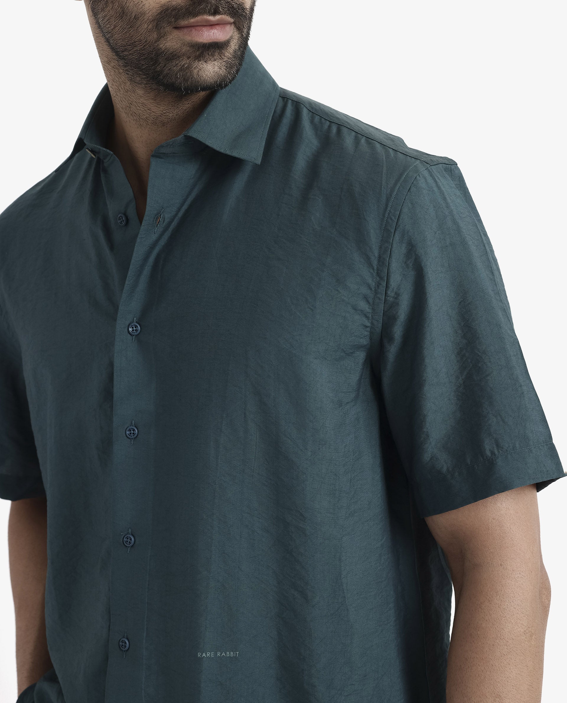 Rare Rabbit Men Blois Dark Teal Viscose Nylon Fabric Short Sleeve Slim Fit Plain Shirt
