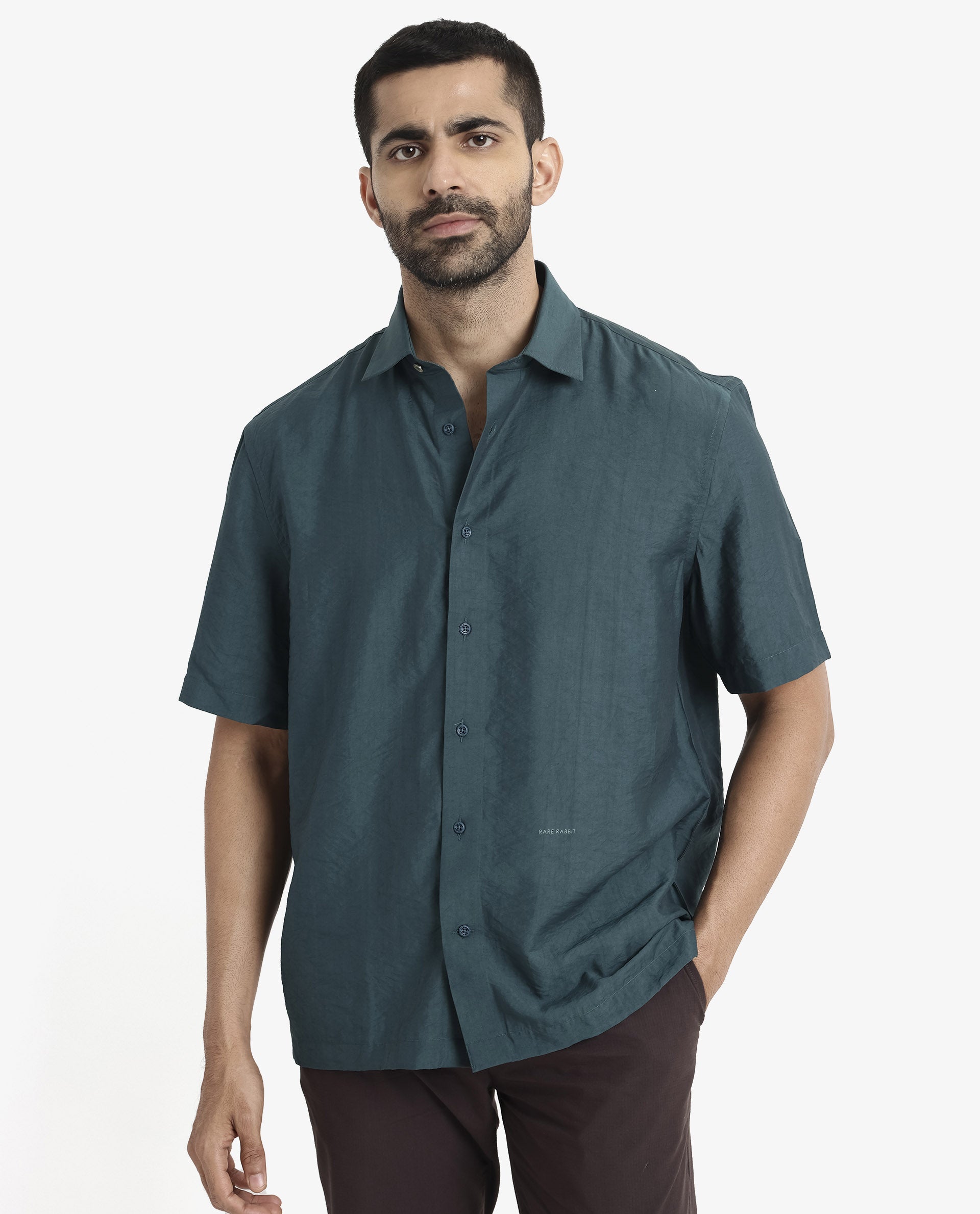 Rare Rabbit Men Blois Dark Teal Viscose Nylon Fabric Short Sleeve Slim Fit Plain Shirt