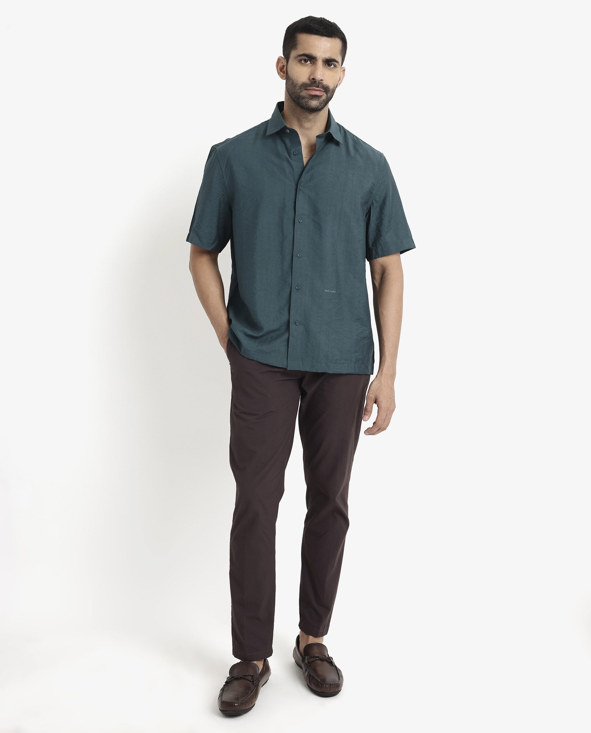Rare Rabbit Men Blois Dark Teal Viscose Nylon Fabric Short Sleeve Slim Fit Plain Shirt