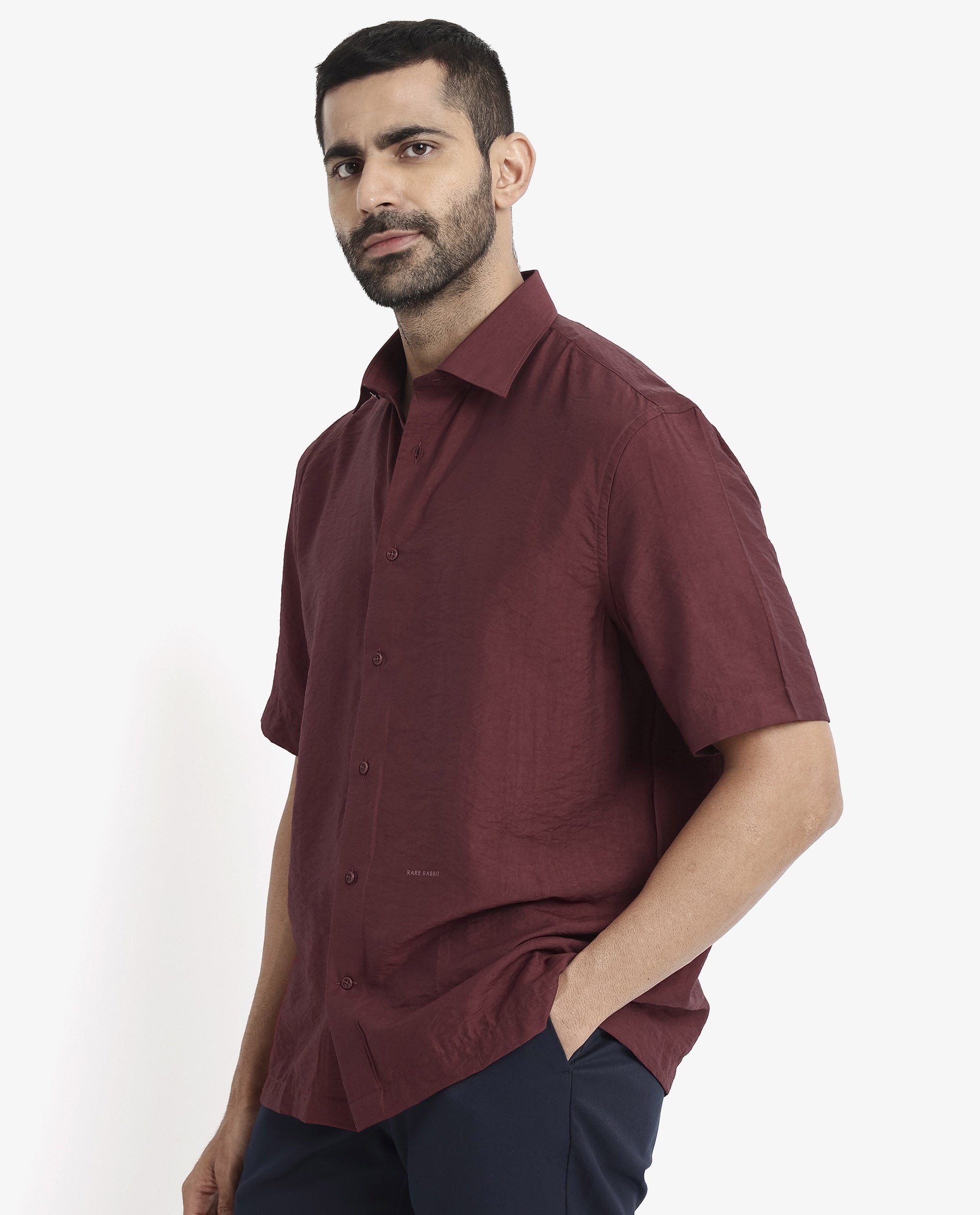 Rare Rabbit Men Blois Maroon Viscose Nylon Fabric Short Sleeve Slim Fit Plain Shirt