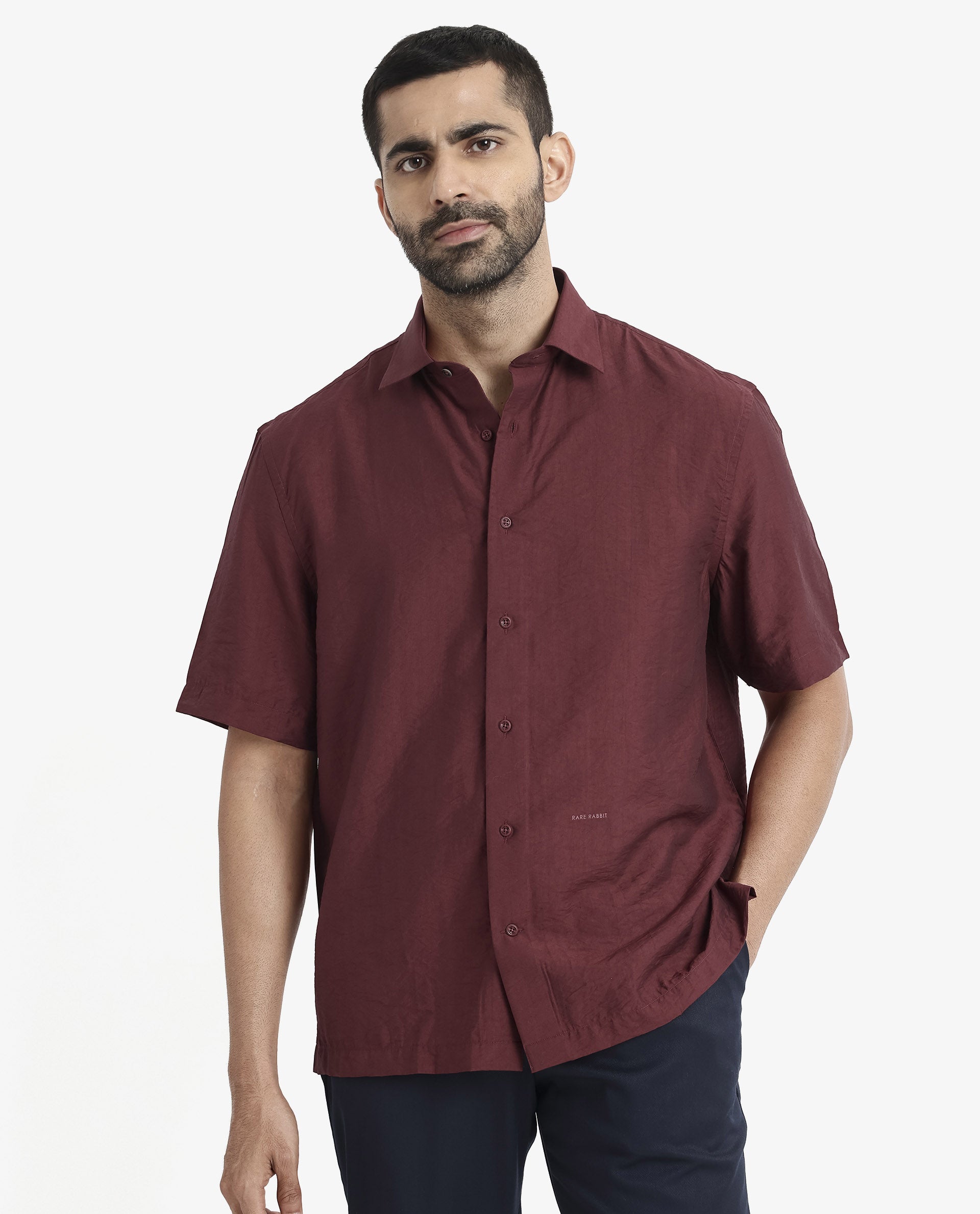 Rare Rabbit Men Blois Maroon Viscose Nylon Fabric Short Sleeve Slim Fit Plain Shirt