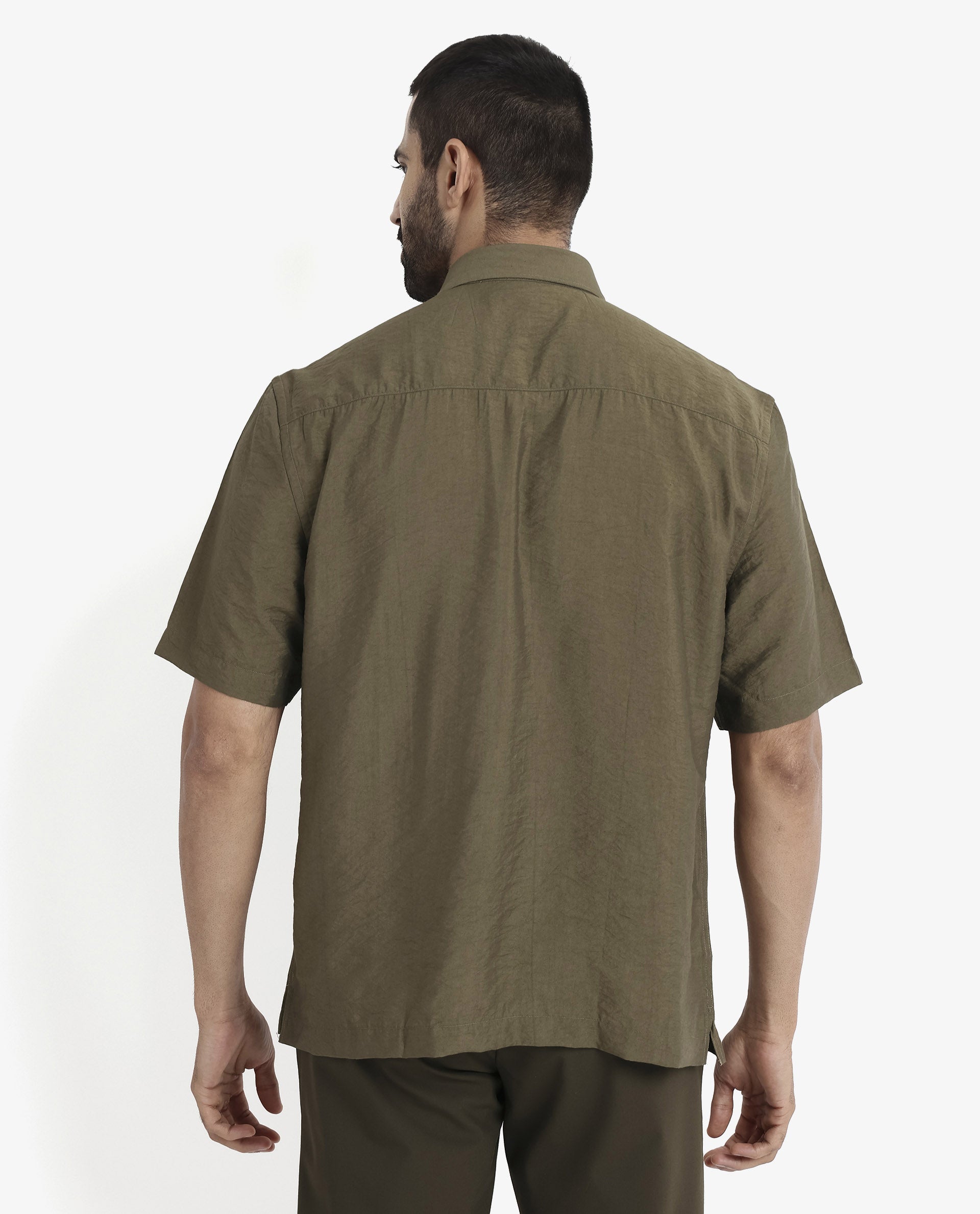 Rare Rabbit Men Blois Olive Viscose Nylon Fabric Short Sleeve Slim Fit Plain Shirt