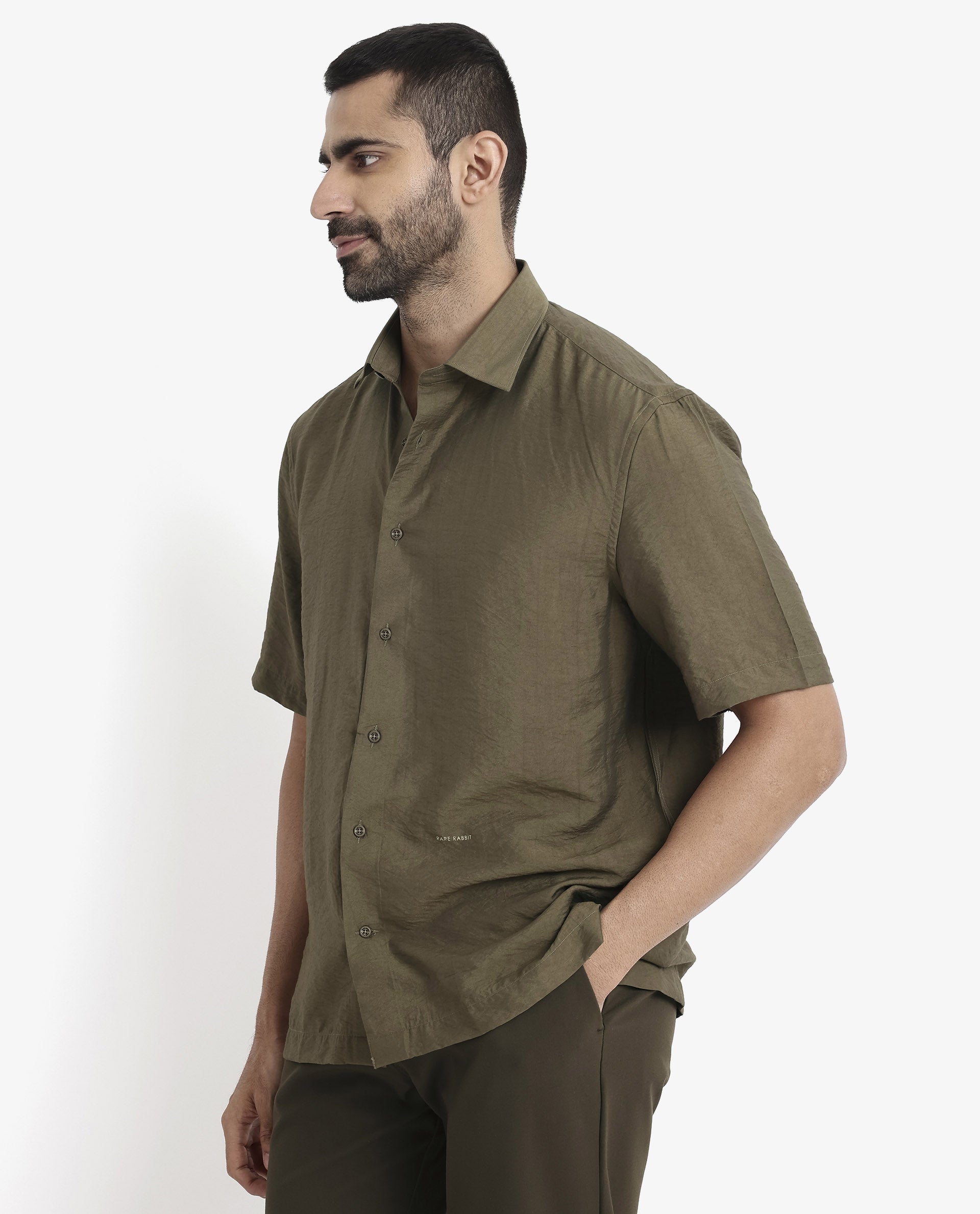 Rare Rabbit Men Blois Olive Viscose Nylon Fabric Short Sleeve Slim Fit Plain Shirt