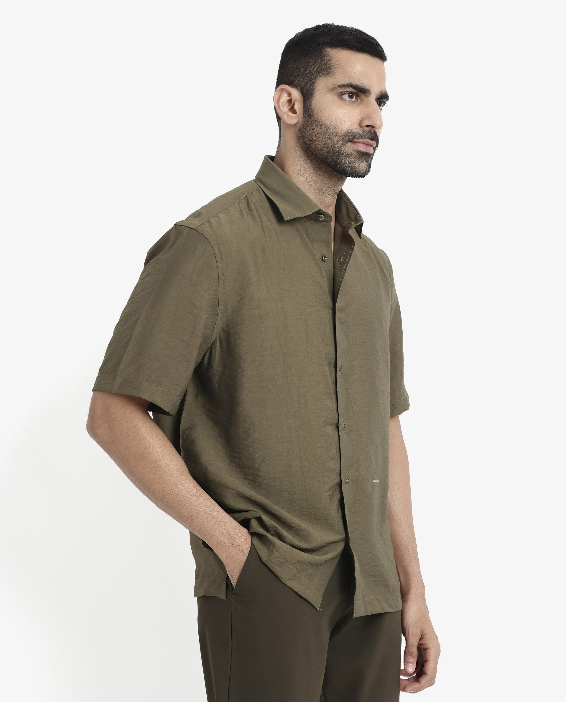 Rare Rabbit Men Blois Olive Viscose Nylon Fabric Short Sleeve Slim Fit Plain Shirt