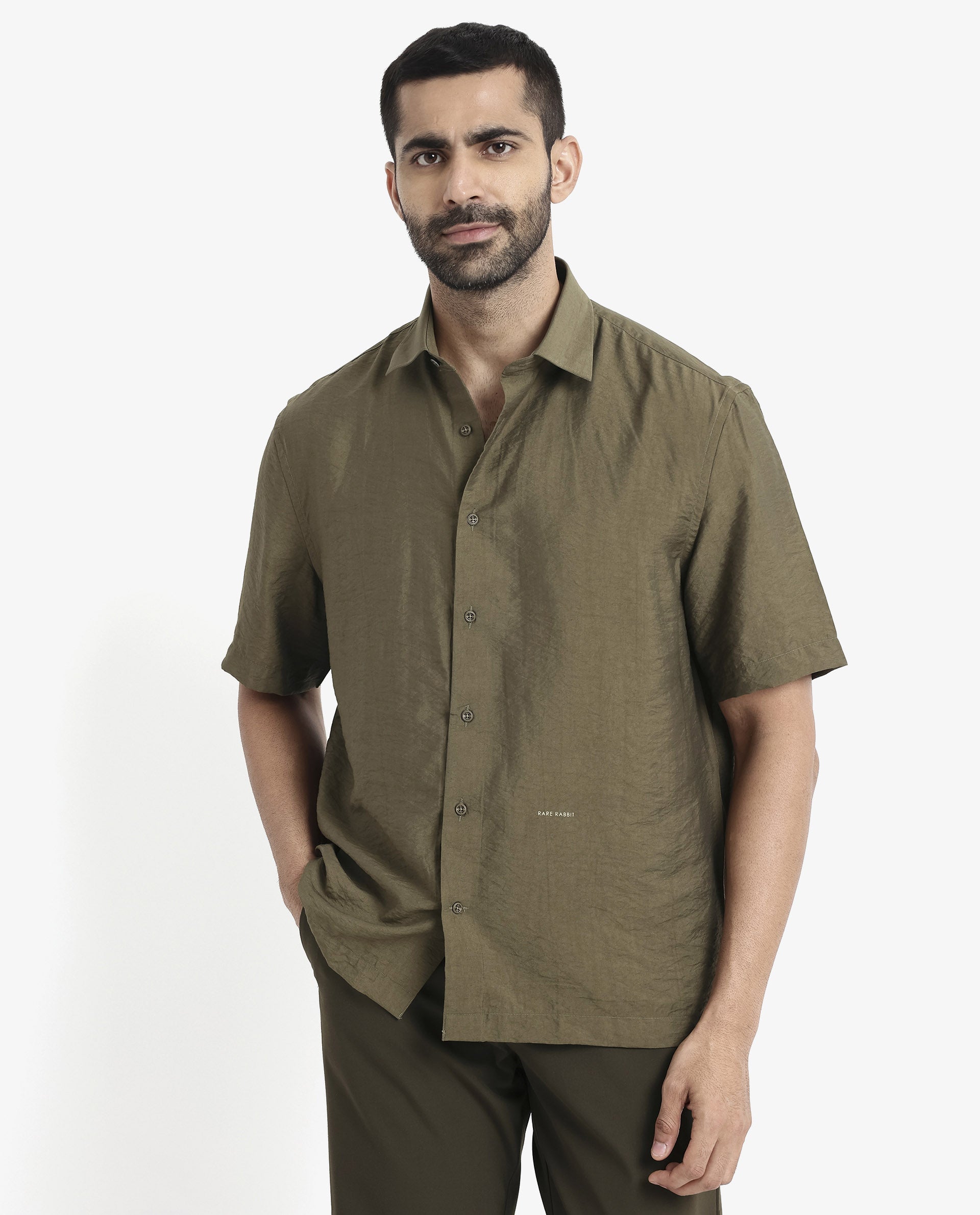 Rare Rabbit Men Blois Olive Viscose Nylon Fabric Short Sleeve Slim Fit Plain Shirt