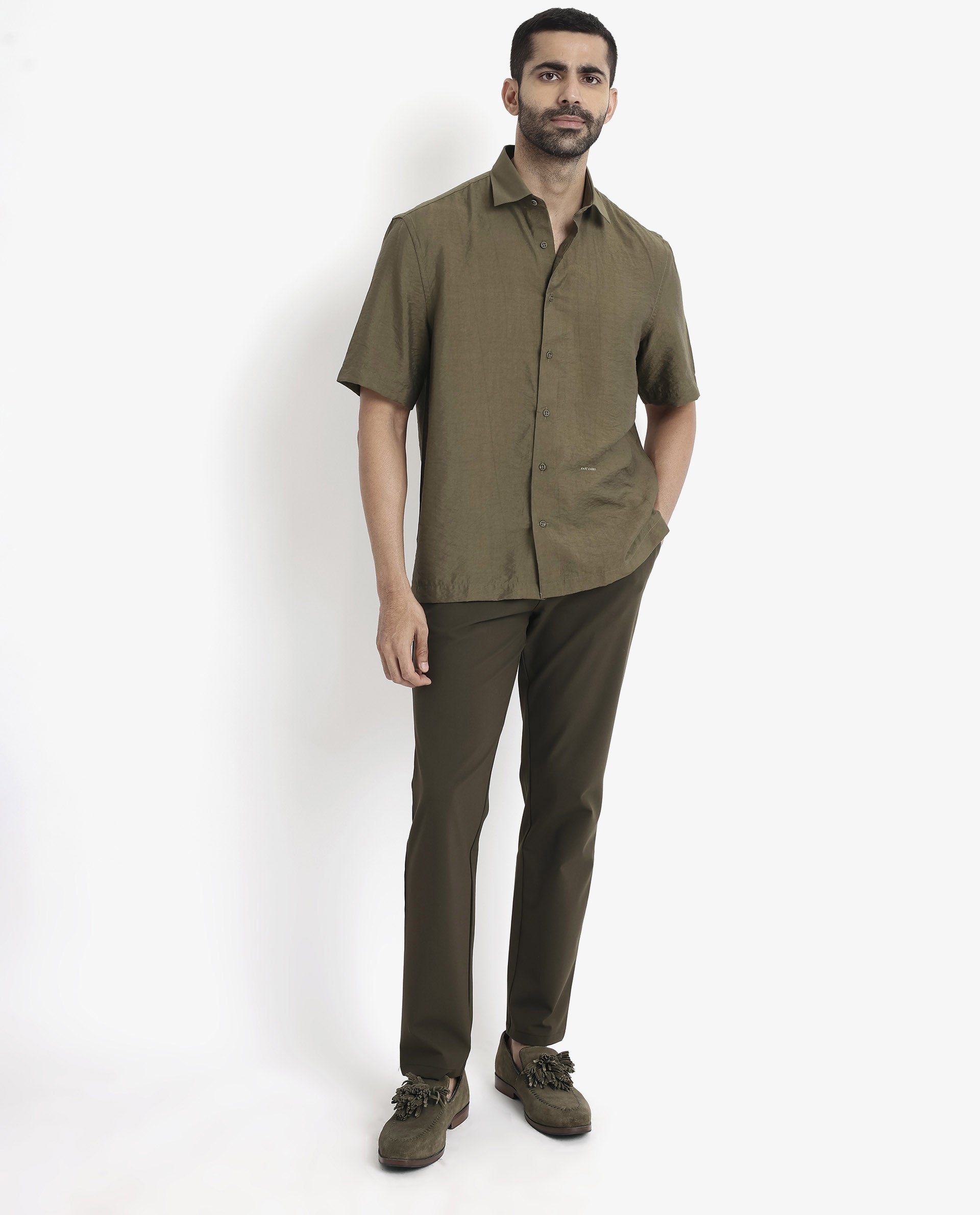 Rare Rabbit Men Blois Olive Viscose Nylon Fabric Short Sleeve Slim Fit Plain Shirt