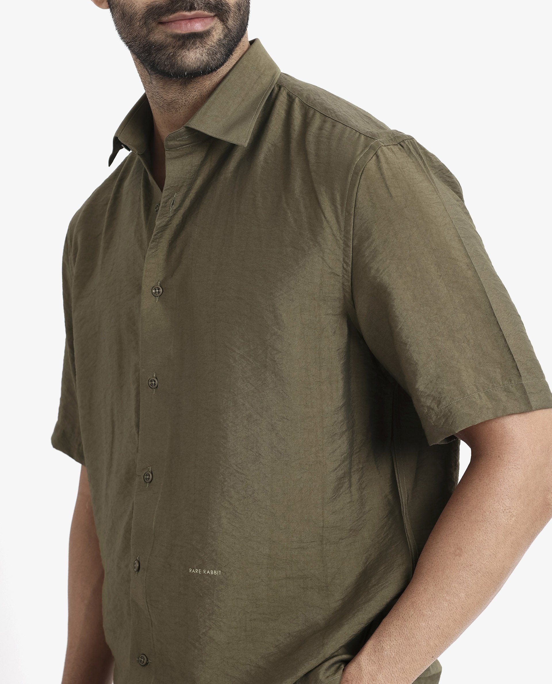 Rare Rabbit Men Blois Olive Viscose Nylon Fabric Short Sleeve Slim Fit Plain Shirt