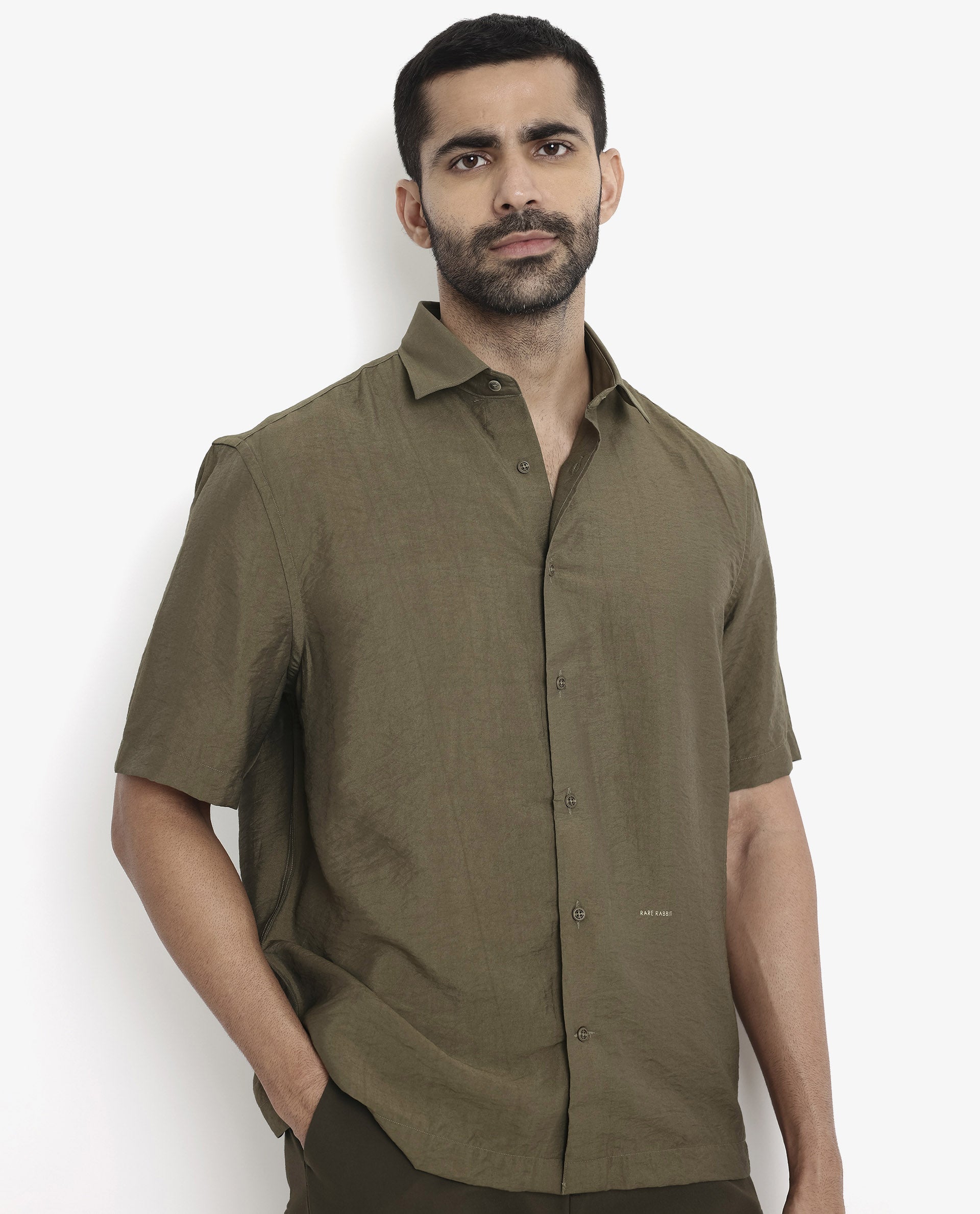 Rare Rabbit Men Blois Olive Viscose Nylon Fabric Short Sleeve Slim Fit Plain Shirt