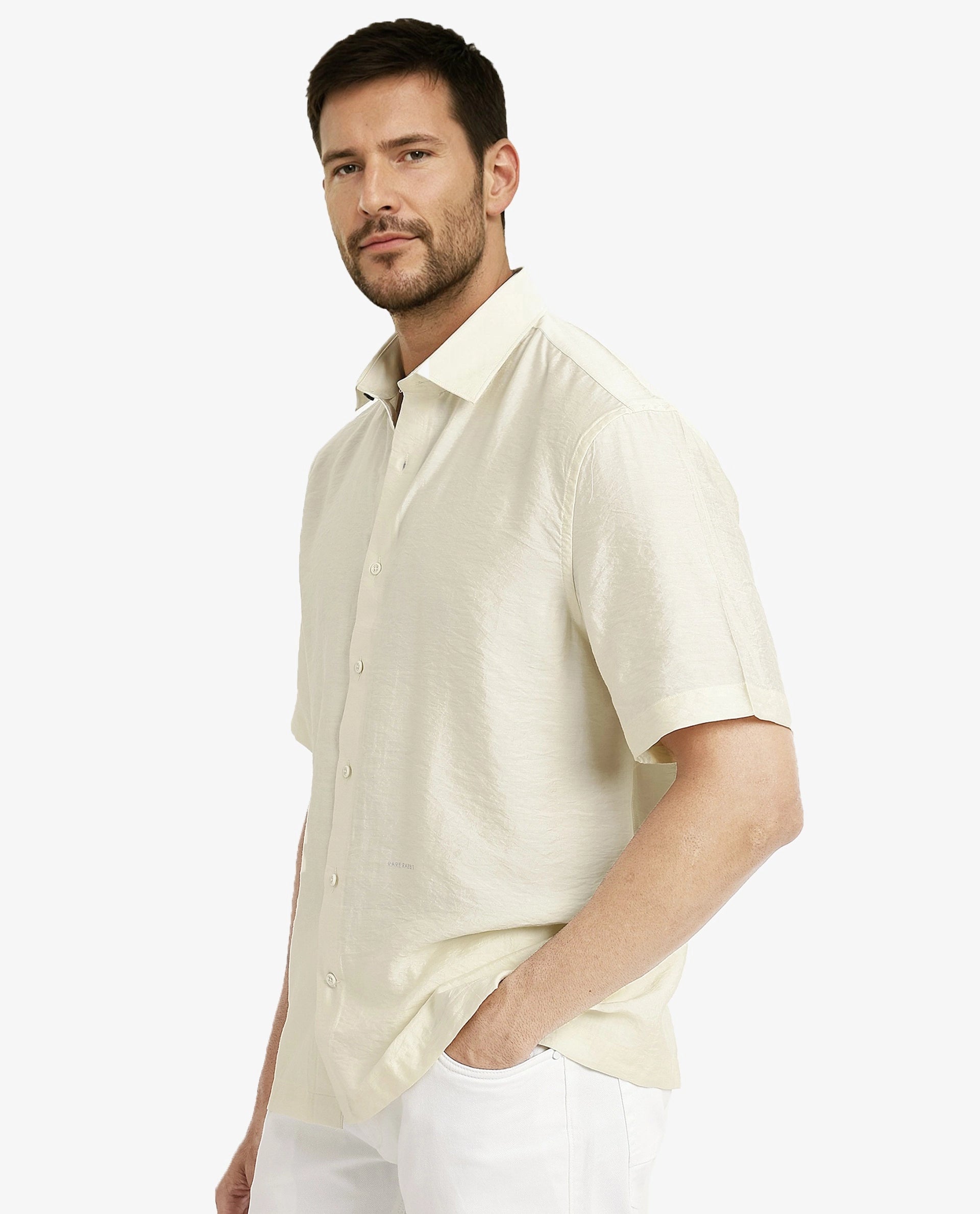 Rare Rabbit Men Blois Pastel Yellow Viscose Nylon Fabric Short Sleeve Slim Fit Plain Shirt