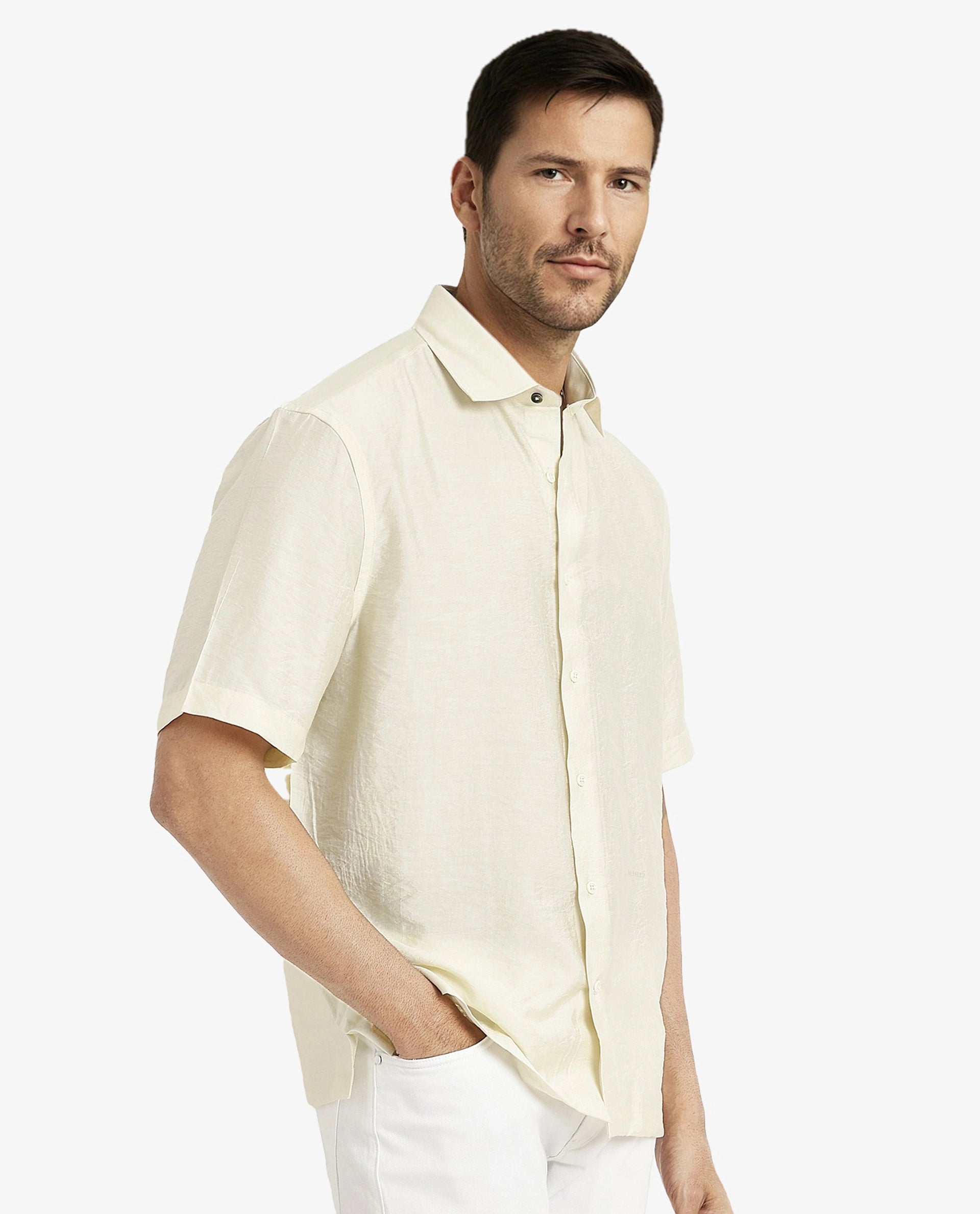 Rare Rabbit Men Blois Pastel Yellow Viscose Nylon Fabric Short Sleeve Slim Fit Plain Shirt