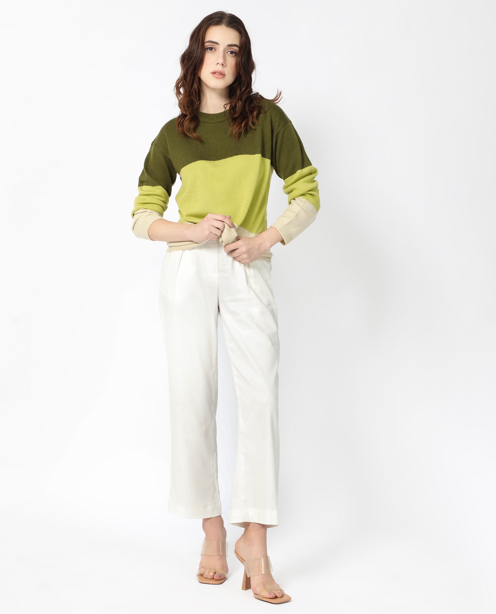 Rareism Women Hampshire Olive Acrylic Fabric Full Sleeves Relaxed Fit Color Blocked Round Neck Sweater
