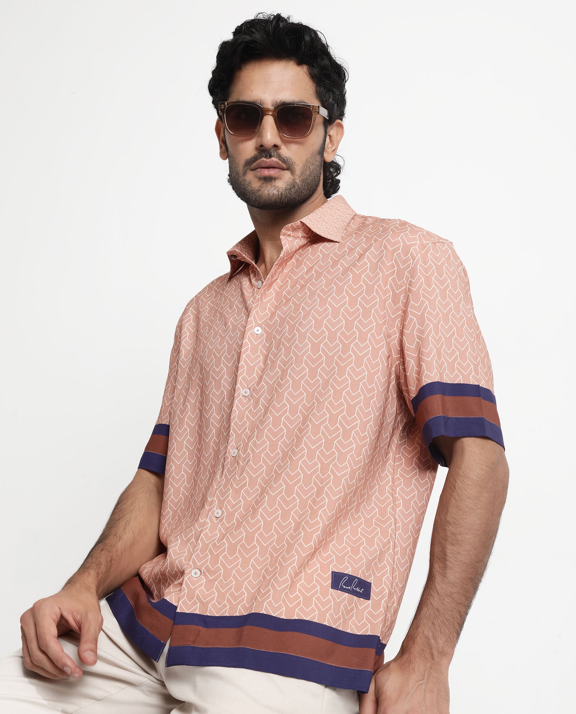 Rare Rabbit Men's Hane Beige Viscose Fabric Short Sleeve Boxy Fit Monogram Print Shirt