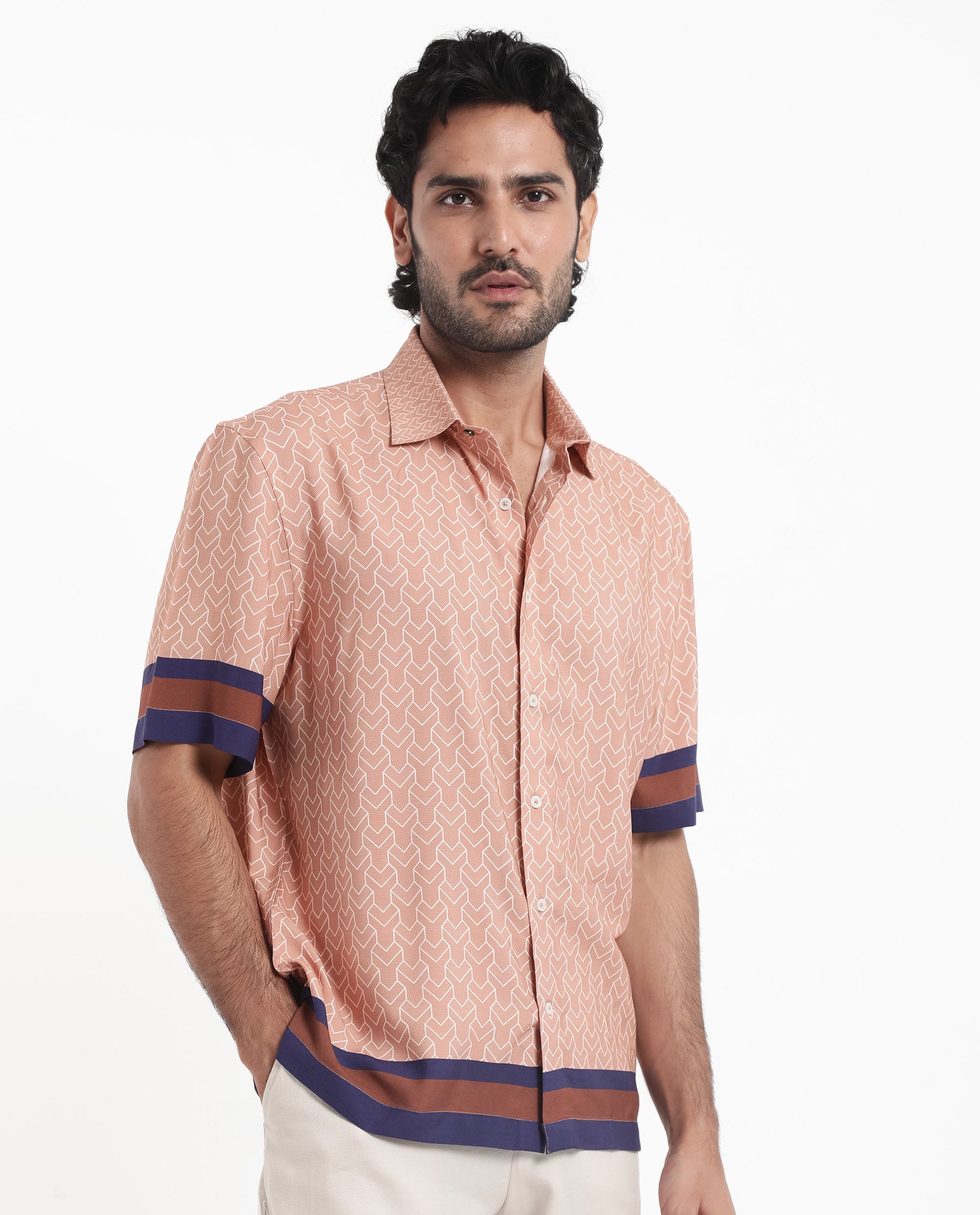 Rare Rabbit Men's Hane Beige Viscose Fabric Short Sleeve Boxy Fit Monogram Print Shirt