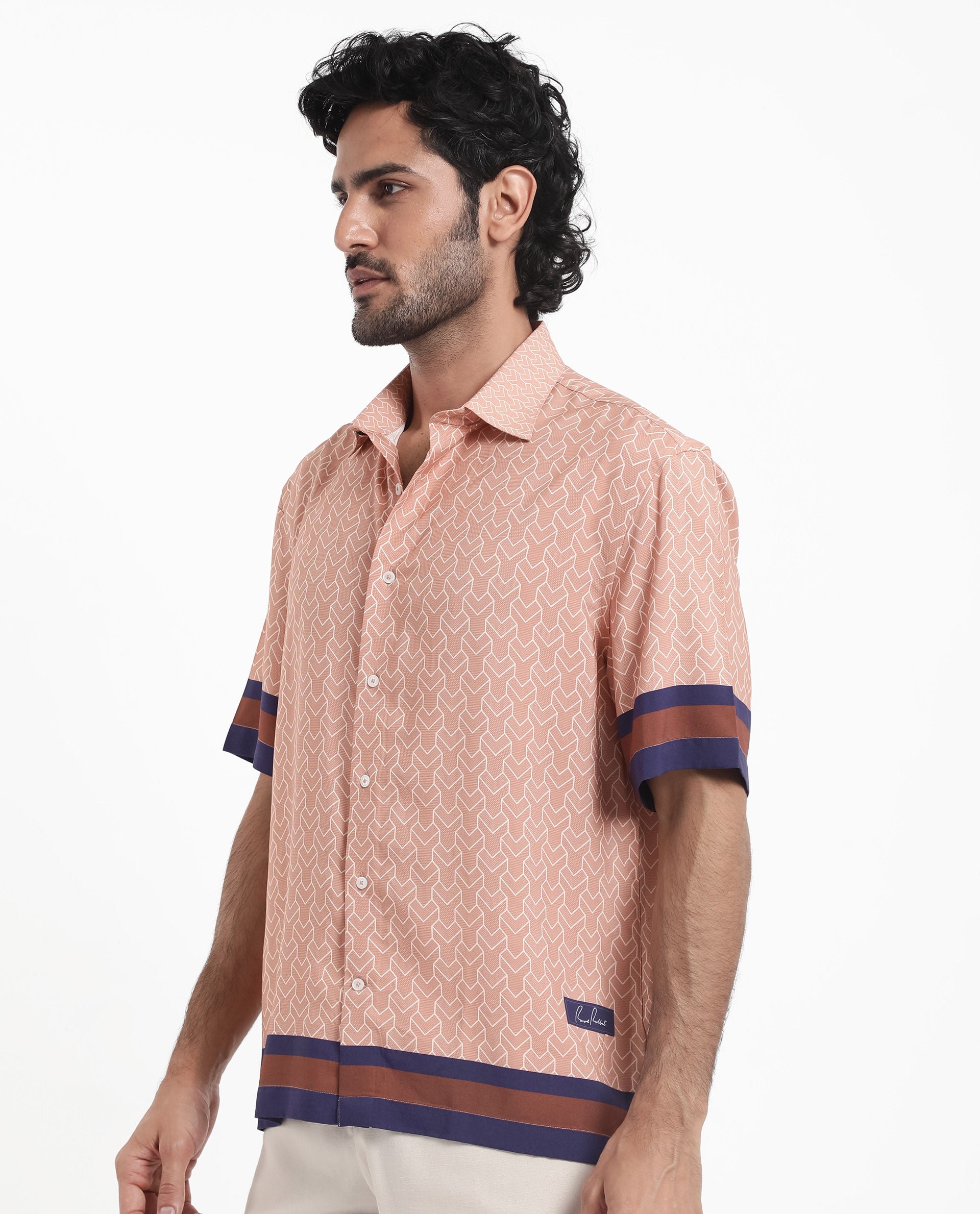 Rare Rabbit Men's Hane Beige Viscose Fabric Short Sleeve Boxy Fit Monogram Print Shirt