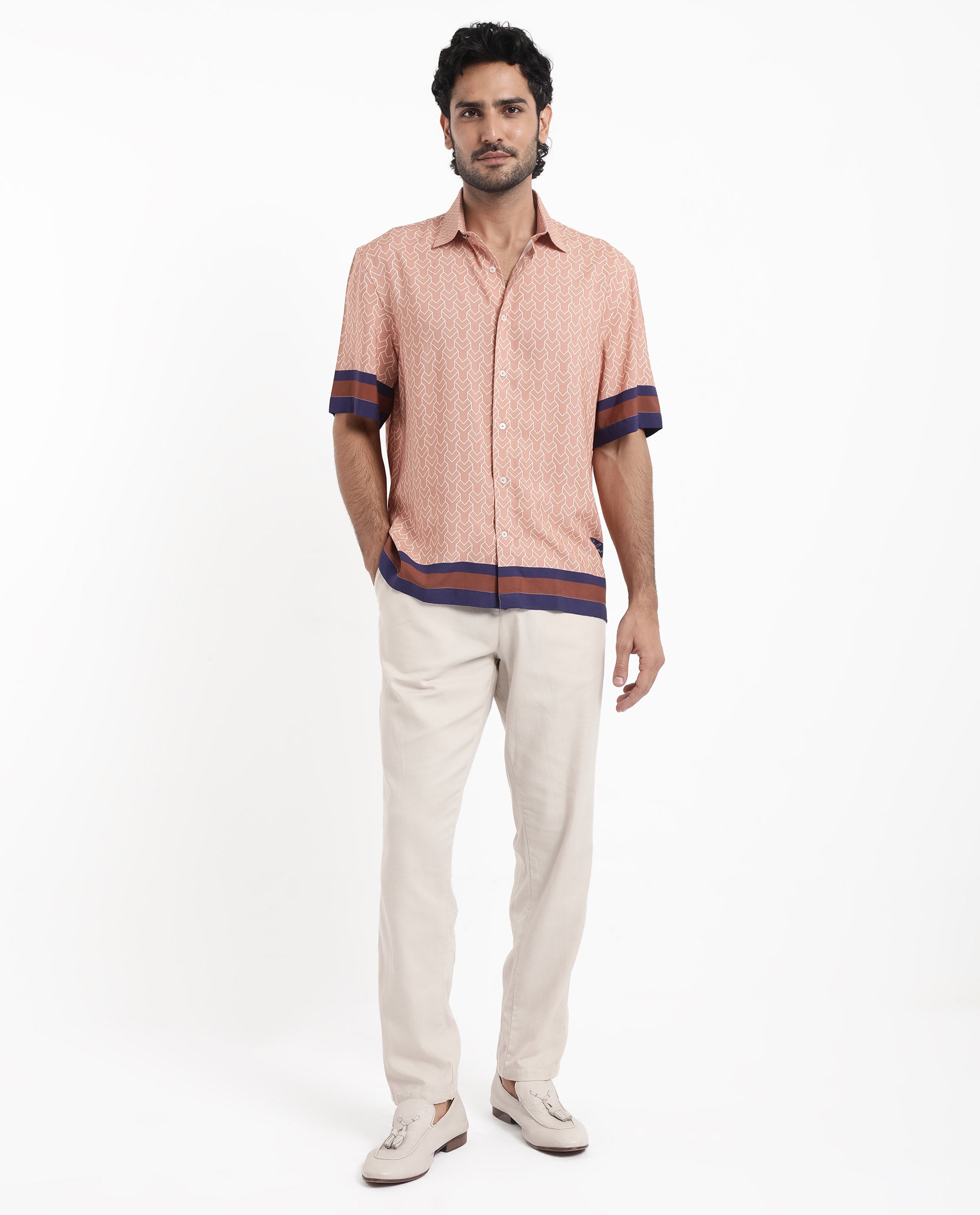 Rare Rabbit Men's Hane Beige Viscose Fabric Short Sleeve Boxy Fit Monogram Print Shirt