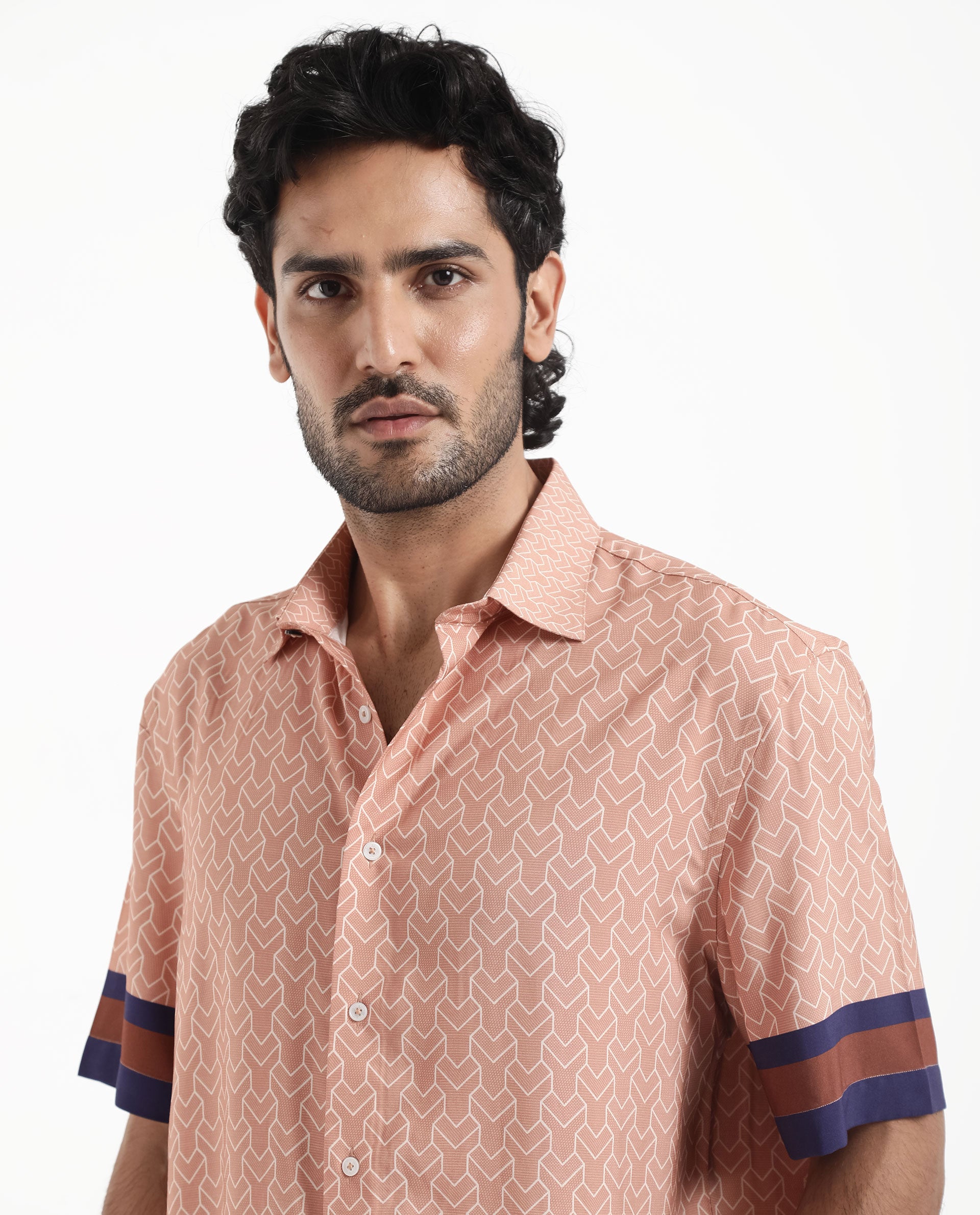 Rare Rabbit Men's Hane Beige Viscose Fabric Short Sleeve Boxy Fit Monogram Print Shirt