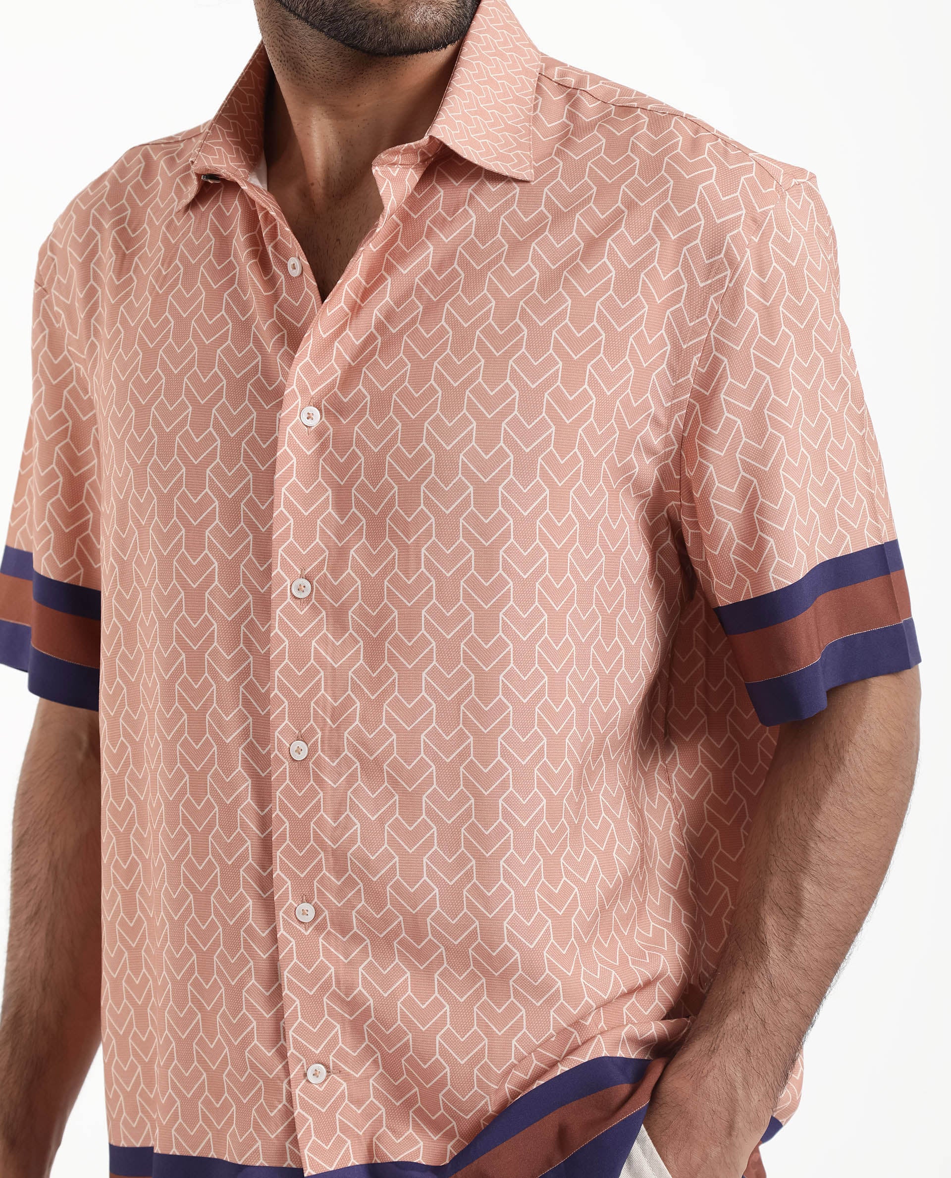 Rare Rabbit Men's Hane Beige Viscose Fabric Short Sleeve Boxy Fit Monogram Print Shirt