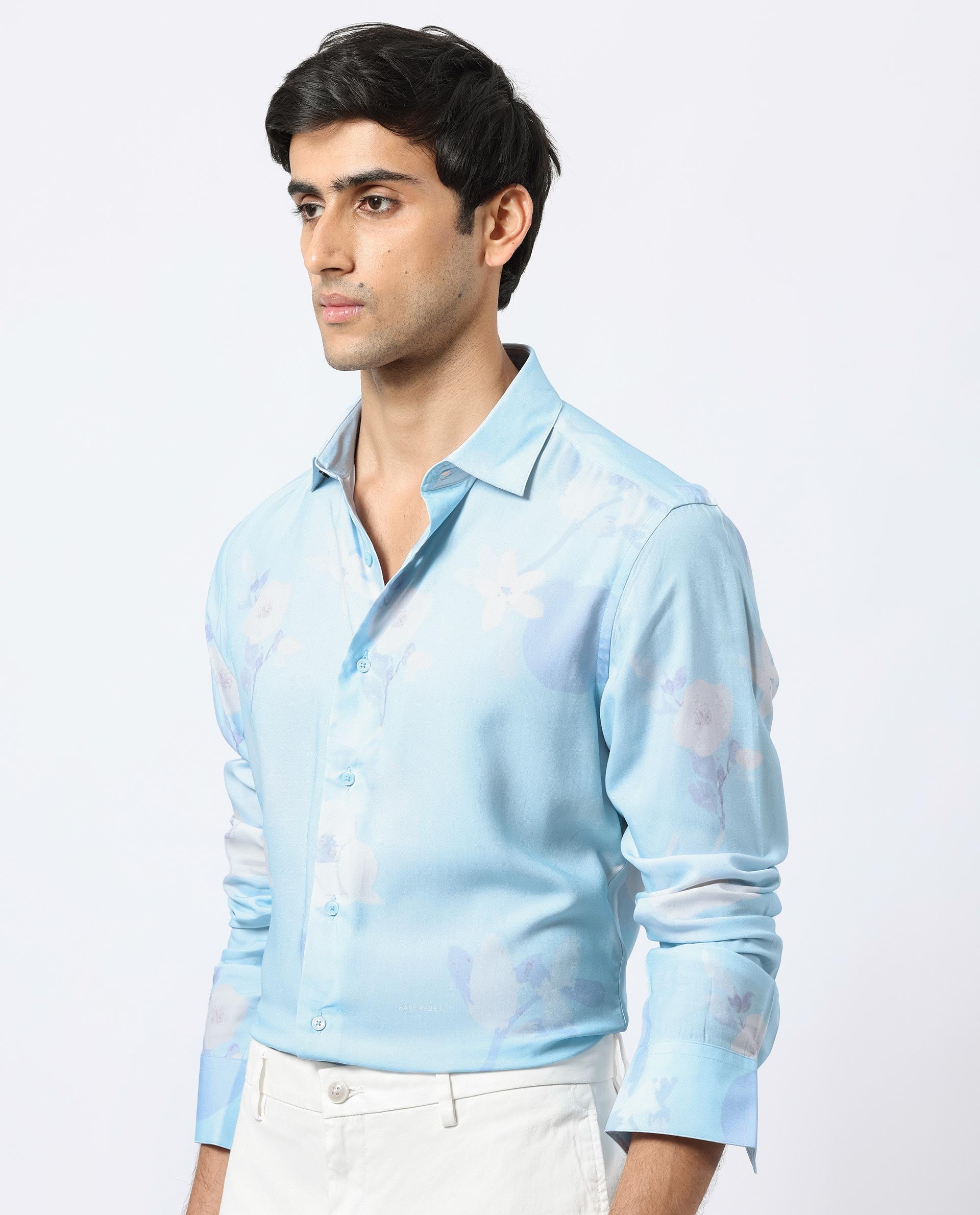 Rare Rabbit Men's Hanmer Light Petrol Viscose Fabric Floral Print Full Sleeves Shirt