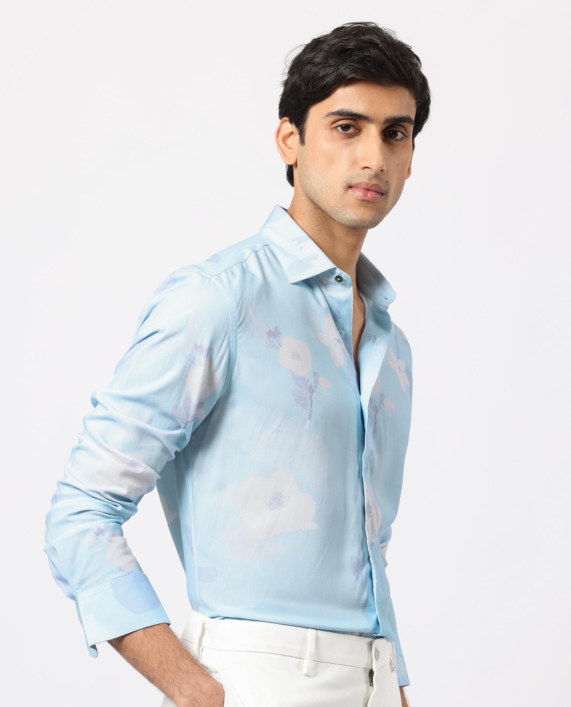 Rare Rabbit Men's Hanmer Light Petrol Viscose Fabric Floral Print Full Sleeves Shirt