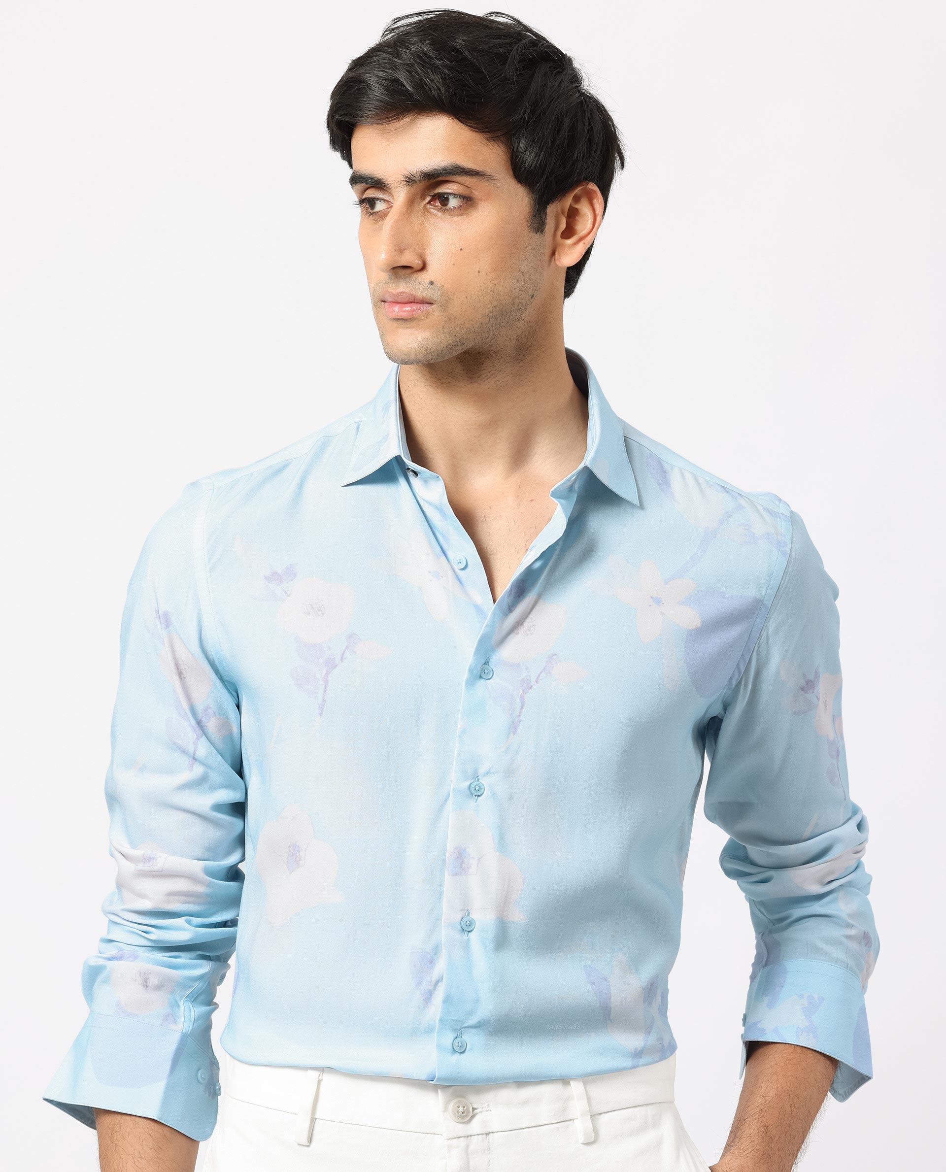 Rare Rabbit Men's Hanmer Light Petrol Viscose Fabric Floral Print Full Sleeves Shirt