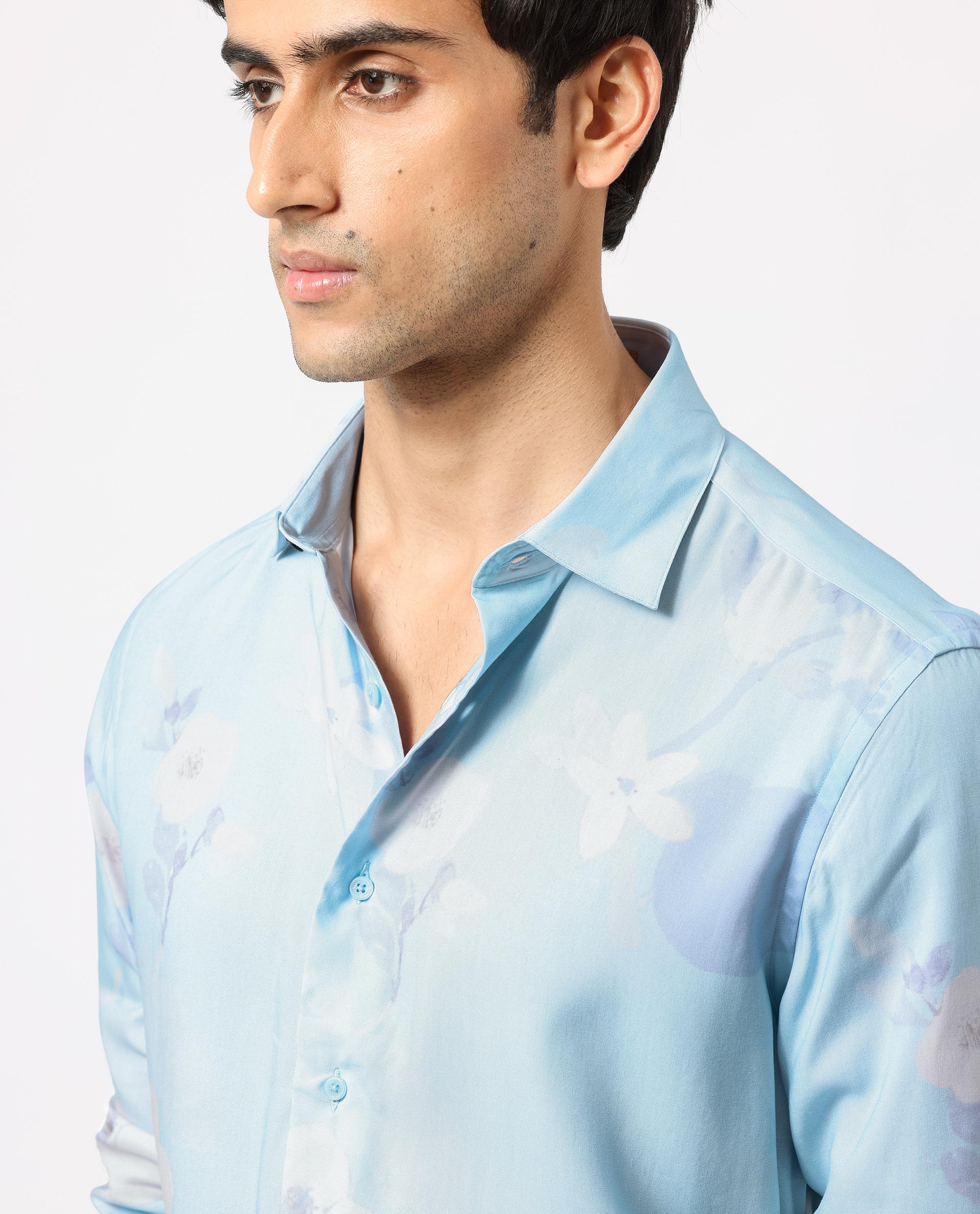 Rare Rabbit Men's Hanmer Light Petrol Viscose Fabric Floral Print Full Sleeves Shirt