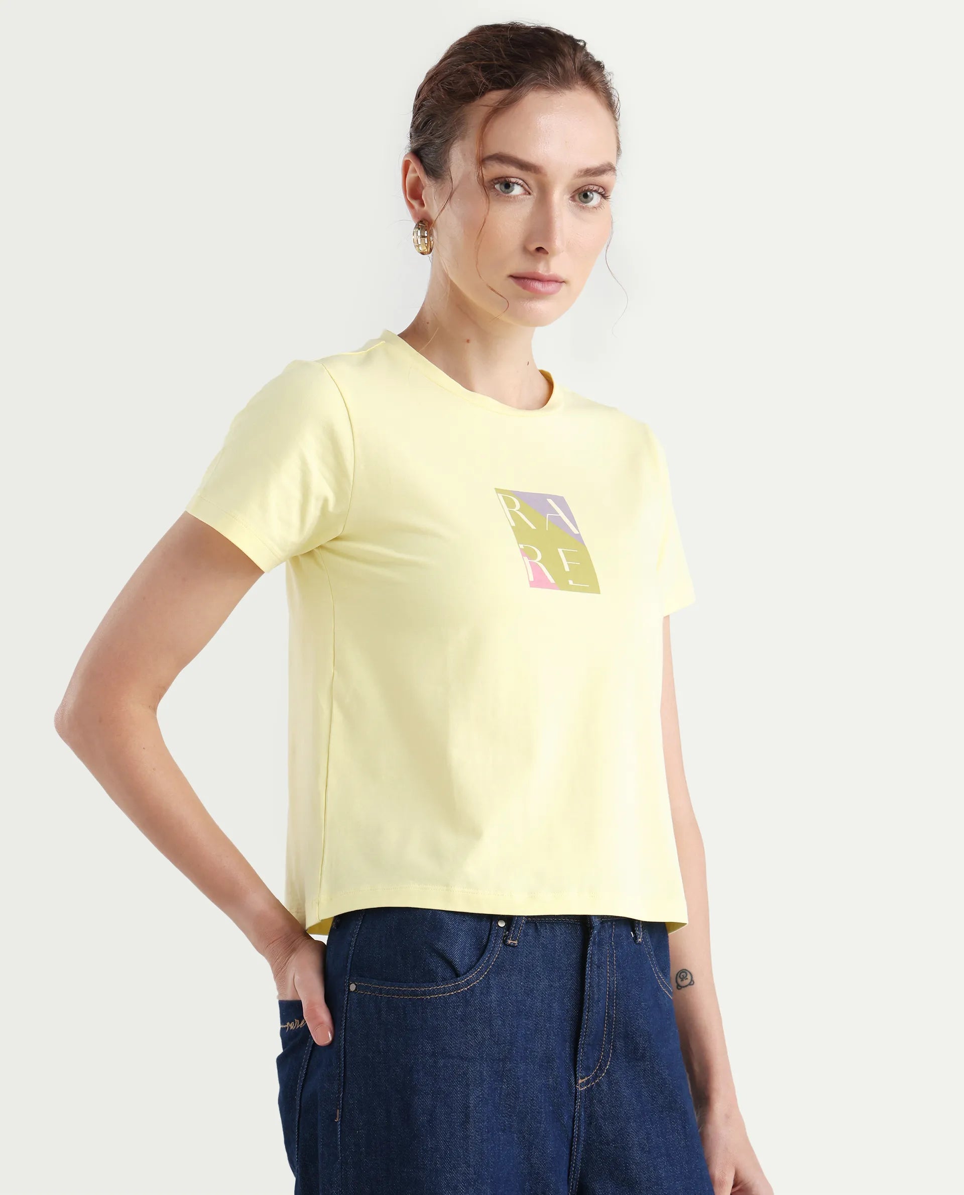 Rareism Women's Hanna 1 Yellow Cotton Blend Crew Neck Plain Regular Fit T-Shirt