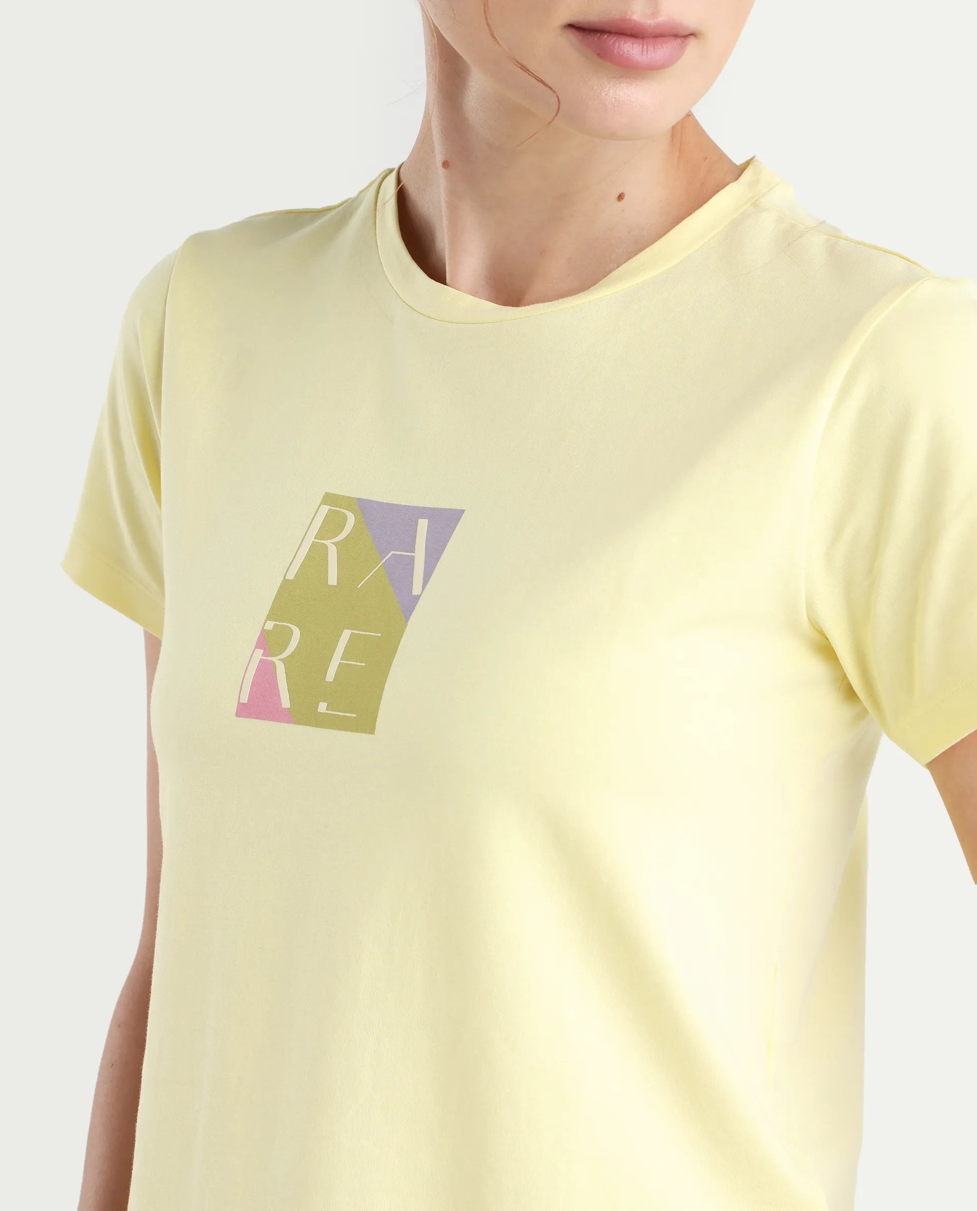 Rareism Women's Hanna 1 Yellow Cotton Blend Crew Neck Plain Regular Fit T-Shirt