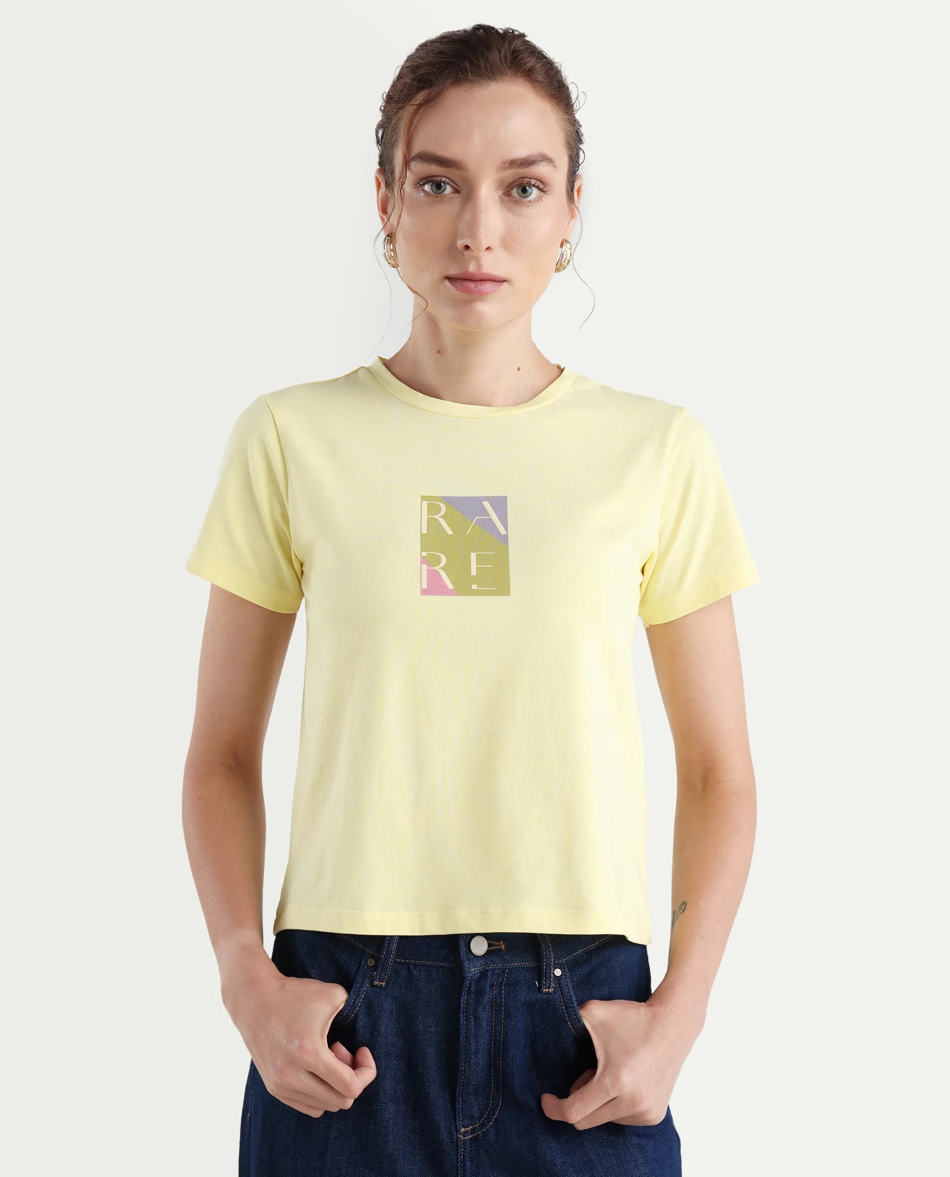 Rareism Women's Hanna 1 Yellow Cotton Blend Crew Neck Plain Regular Fit T-Shirt
