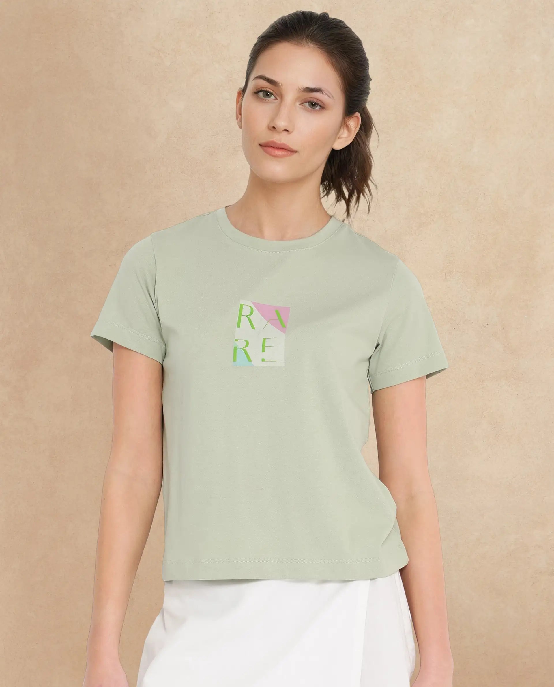 Rareism Women's Hanna Pastel Green Cotton Blend Crew Neck Graphic Print Regular Fit T-Shirt