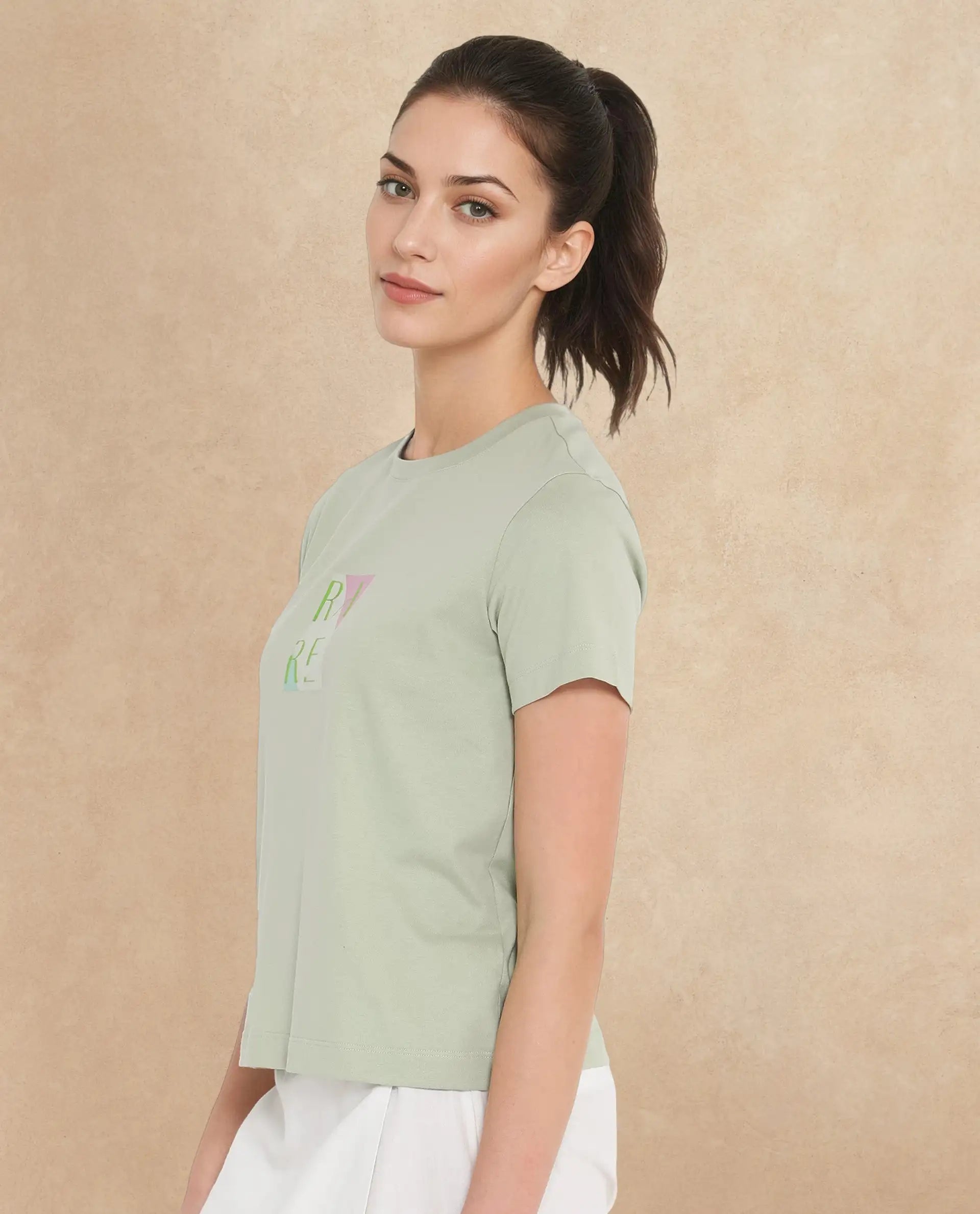 Rareism Women's Hanna Pastel Green Cotton Blend Crew Neck Graphic Print Regular Fit T-Shirt
